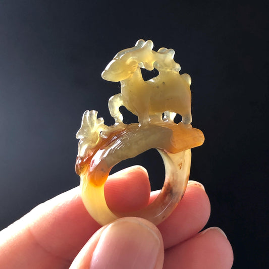 Natural Xiu Jade Serpentine Hand Carved Deer Ring Pendant | 15.6mm (US 5-5.5) | Icy Green Yellow & Brown | Gemstone Statement Ring Gift
