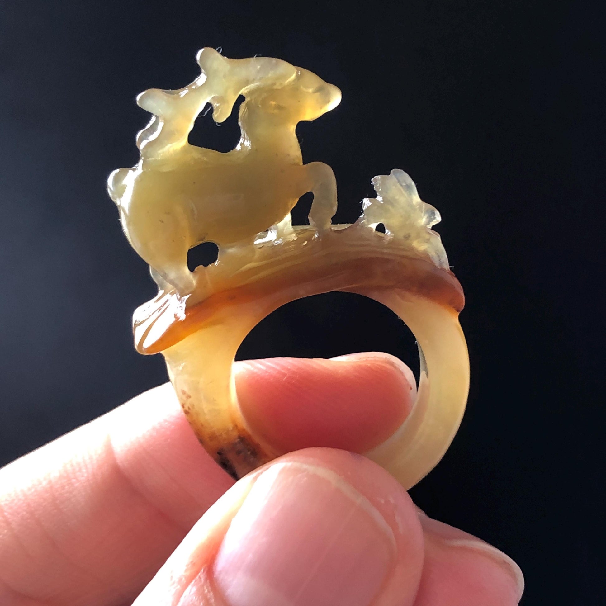 Natural Xiu Jade Serpentine Hand Carved Deer Ring Pendant | 15.6mm (US 5-5.5) | Icy Green Yellow & Brown | Gemstone Statement Ring Gift