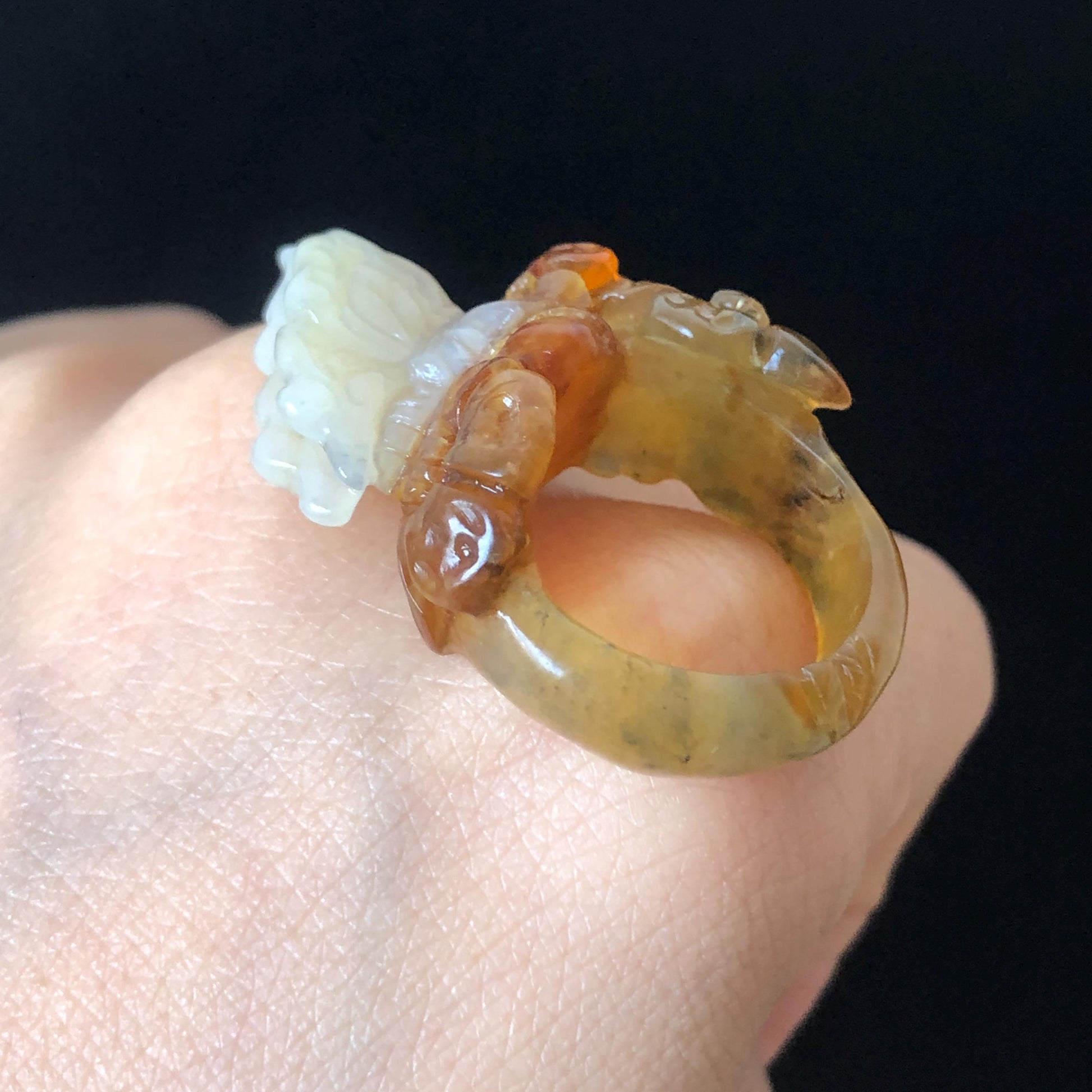 Natural Xiu Jade Serpentine Hand Carved Flower and Butterfly Ring | 17.2mm (US 7) | White, Caramel & Greenish Yellow | Crystal Gemstone Gift