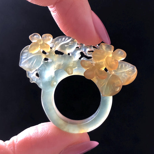 Natural Xiu Jade Serpentine Hand Carved Osmanthus fragrans Flower Ring | 17.2mm (US 7-7.5) | Icy Green Yellow Jade | 3D Gemstone Ring Gift for her yellow jade green jade carving hand carved flower ring hand engraved flower ring icy jade natural untreated jade 3D carving chinese jade ring