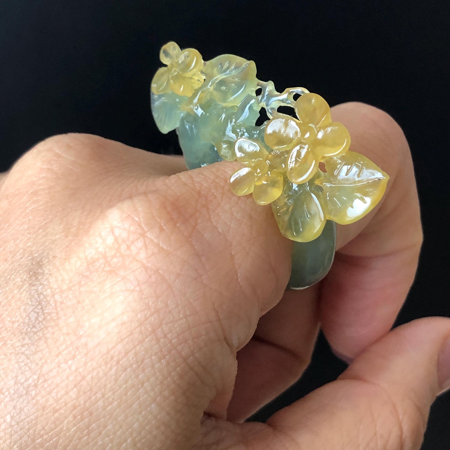 Natural Xiu Jade Serpentine Hand Carved Osmanthus fragrans Flower Ring | 17.2mm (US 7-7.5) | Icy Green Yellow Jade | 3D Gemstone Ring Gift for her yellow jade green jade carving hand carved flower ring hand engraved flower ring icy jade natural untreated jade 3D carving chinese jade ring