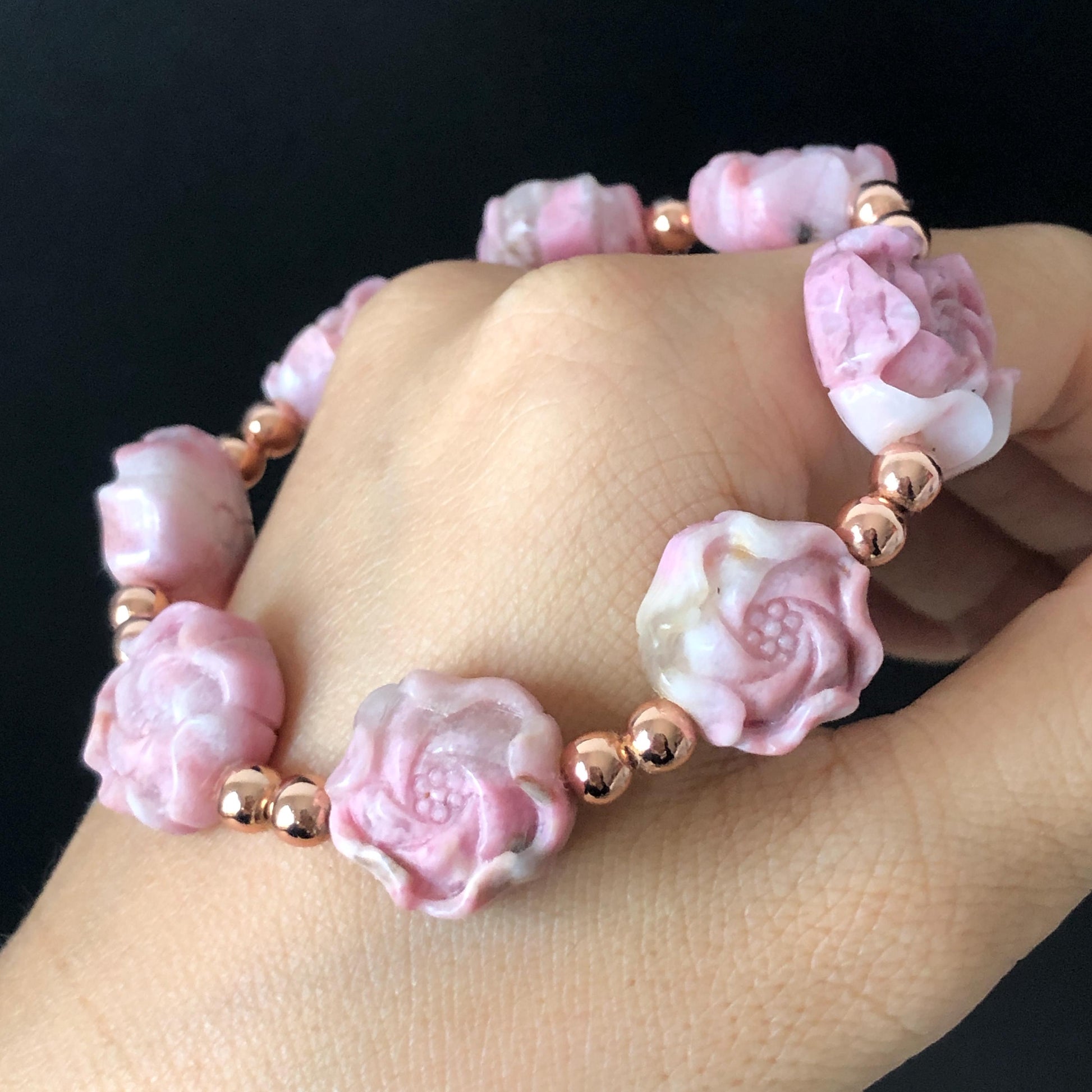 Natural Pink Rhodonite Stone Carved Peony Charm Bracelet | Pink White Crystal | Stretch Elastic Bracelet | Love Stone Gemstone Gift for her, love crystal healing stone heart chakra crystal meditation gemstone flower carving pink crystal pink stone bracelet diy tailor made bracelet rhodonite charm bracelet