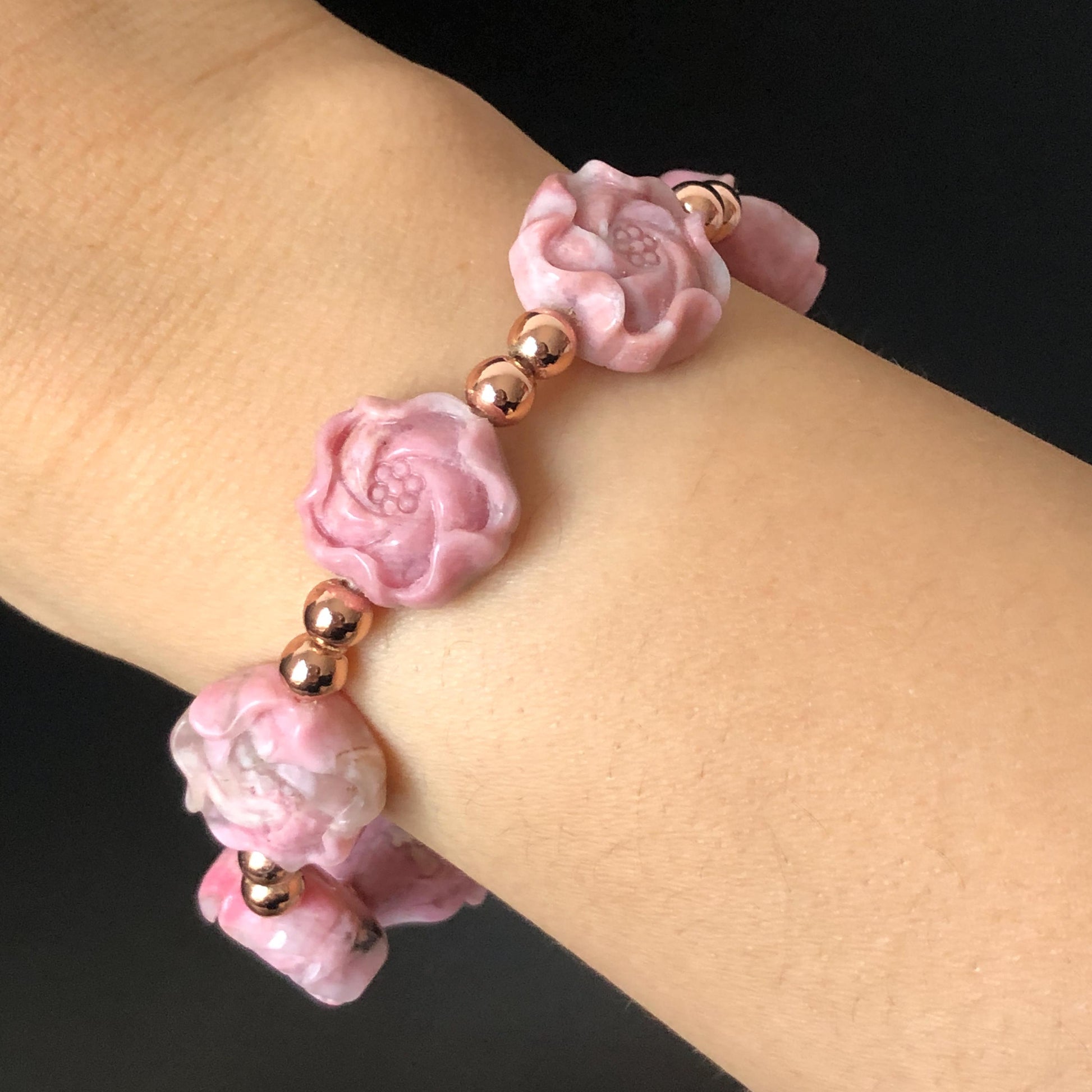 Natural Pink Rhodonite Stone Carved Peony Charm Bracelet | Pink White Crystal | Stretch Elastic Bracelet | Love Stone Gemstone Gift for her, love crystal healing stone heart chakra crystal meditation gemstone flower carving pink crystal pink stone bracelet diy tailor made bracelet rhodonite charm bracelet