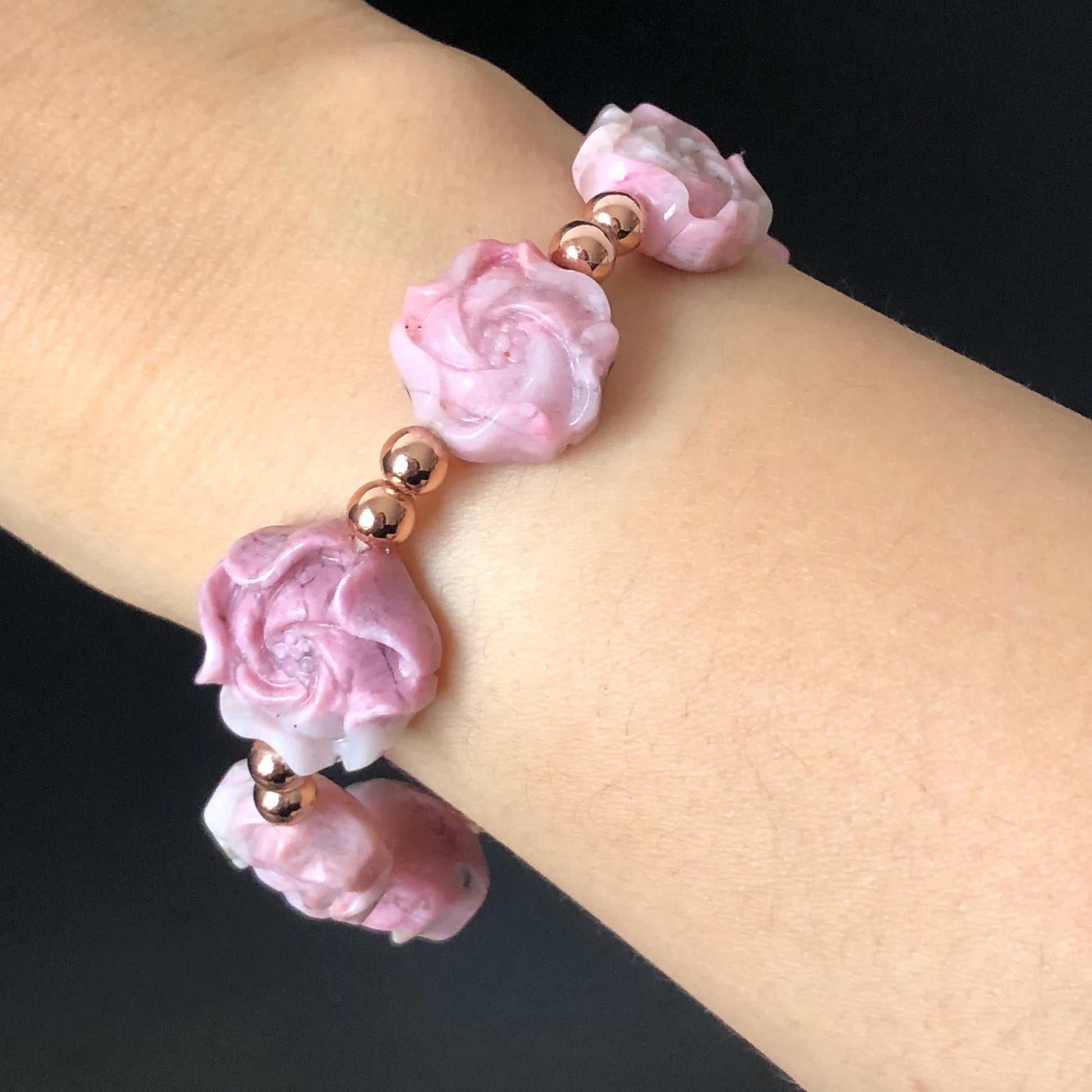 Natural Pink Rhodonite Stone Carved Peony Charm Bracelet | Pink White Crystal | Stretch Elastic Bracelet | Love Stone Gemstone Gift for her, love crystal healing stone heart chakra crystal meditation gemstone flower carving pink crystal pink stone bracelet diy tailor made bracelet rhodonite charm bracelet