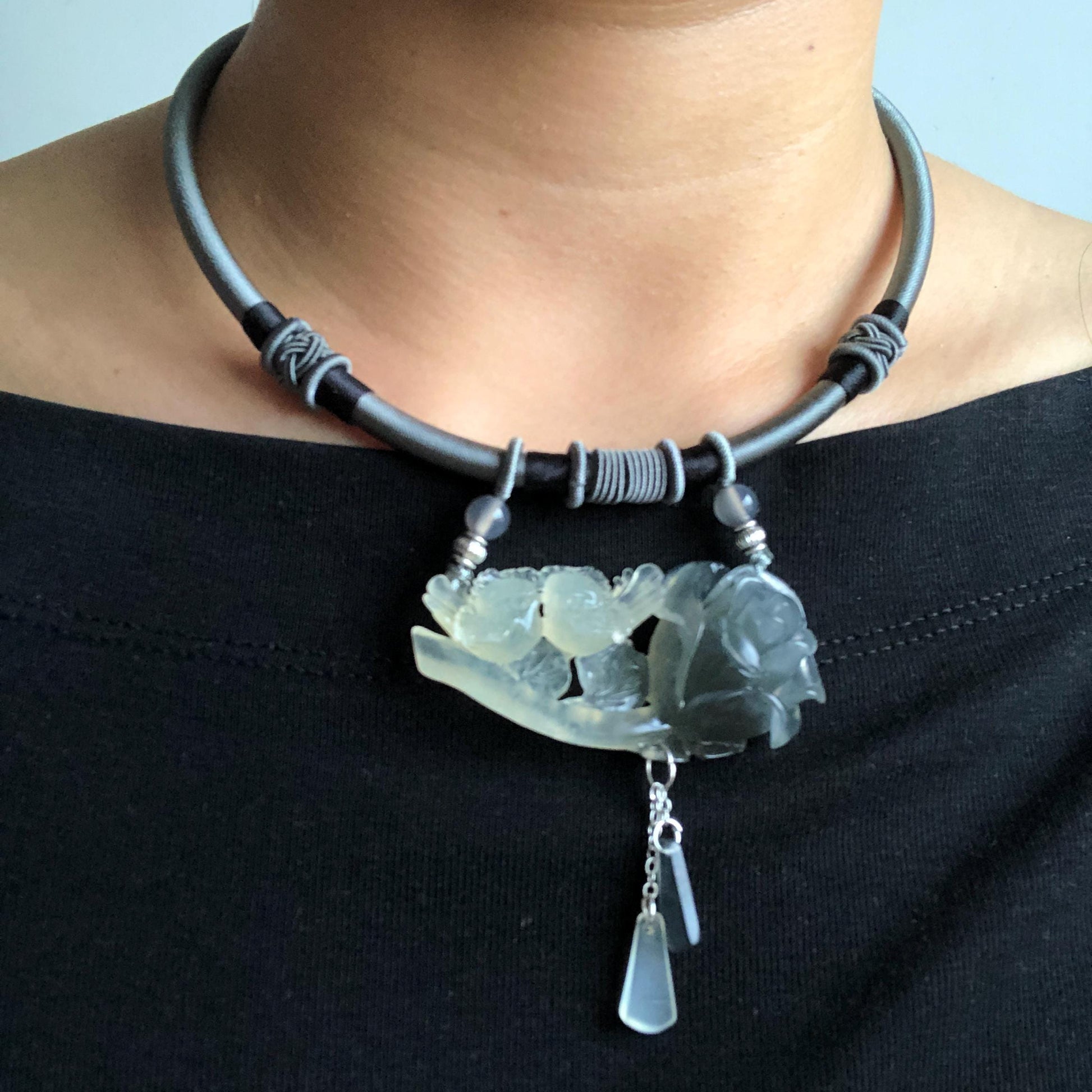 Natural Xiu Jade Serpentine Hand Carved Magpie Birds ＆ Black Rose Pendant Adjustable Vintage Necklace | Black Gray White | Gemstone Gift for her, black jade carving white jade carving rose carving flower carving hand engraved rose chinese jade pendant necklace vintage necklace antique necklace certificate jade natural untreated jade certified jade modern necklace bird carving