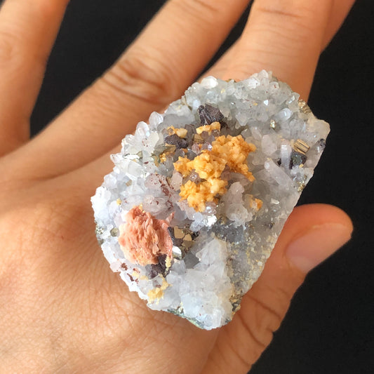 Raw Pyrite Dolomite Barite Ring, Big Stone Rough Large Crystal Adjustable Statement Band Ring, Irregular Chunky Minerals Specimen Ring Gift for her, raw stone ring raw minerals ring minerals specimen ring pink crystal yellow stone silver gemstone ring statement ring for men Huge Crystal Ring large stone ring big gemstone ring silver plated copper ring birthstone ring