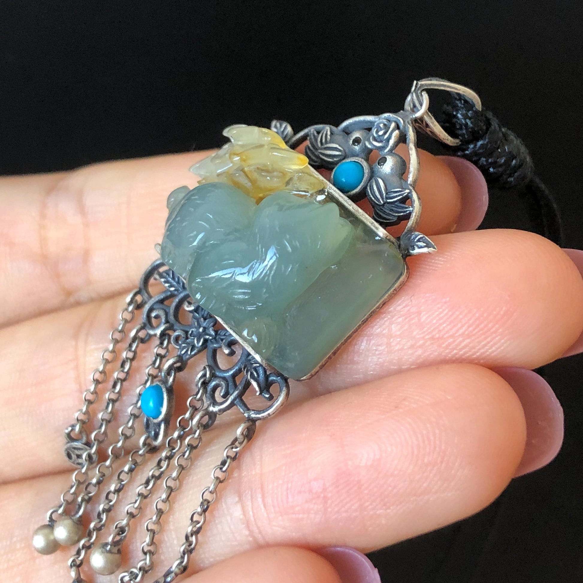 Certified Xiu Jade Serpentine Hand Carved Cat with Flower Pendant Adjustable Necklace | Green & White Jade 925 Sterling Silver Dangle Charm Turquoise blue jade white jade brown jade carving flower carving cat carving hand engraved cat charm Osmanthus Fragrans icy jade natural untreated jade chinese jade dangle pendant choker gift for her cat lover gift