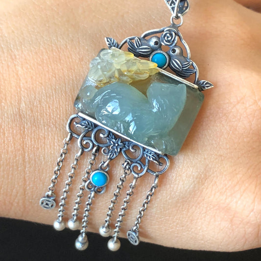 Certified Xiu Jade Serpentine Hand Carved Cat with Flower Pendant Adjustable Necklace | Green & White Jade 925 Sterling Silver Dangle Charm Turquoise blue jade white jade brown jade carving flower carving cat carving hand engraved cat charm Osmanthus Fragrans icy jade natural untreated jade chinese jade dangle pendant choker gift for her cat lover gift