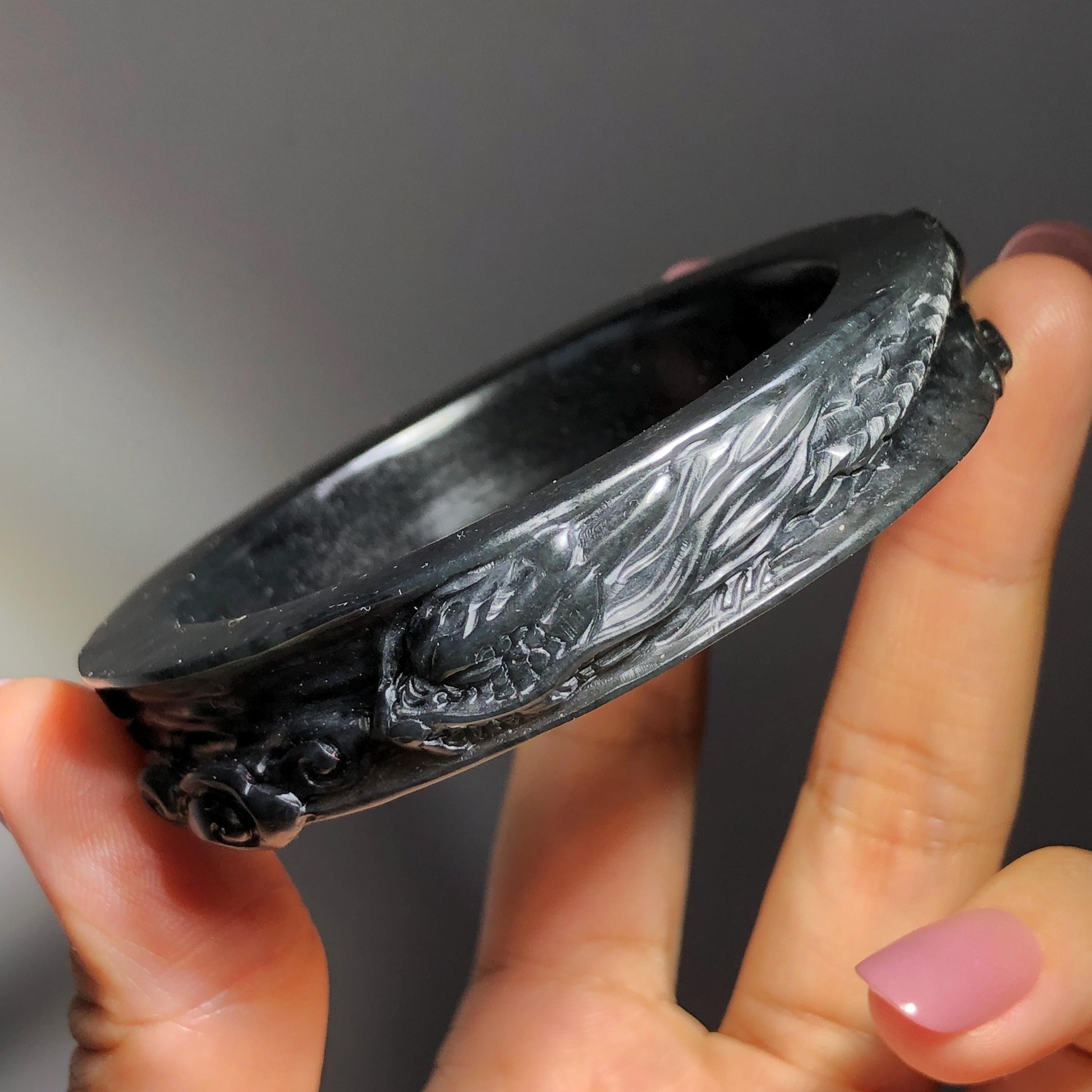 Customized 48-70mm | 56.7mm Certified Natural Xiu Jade Serpentine Hand Carved Dragon Bangle Black Jade Bracelet | Personalized Custom Size bangle, black jade carving dragon carving chinese jade bangle hand engraved jade bracelet tailor made bangle personalized bracelet custom size bangle certificate natural untreated jade gift for her men bangle gift for him bangle for women