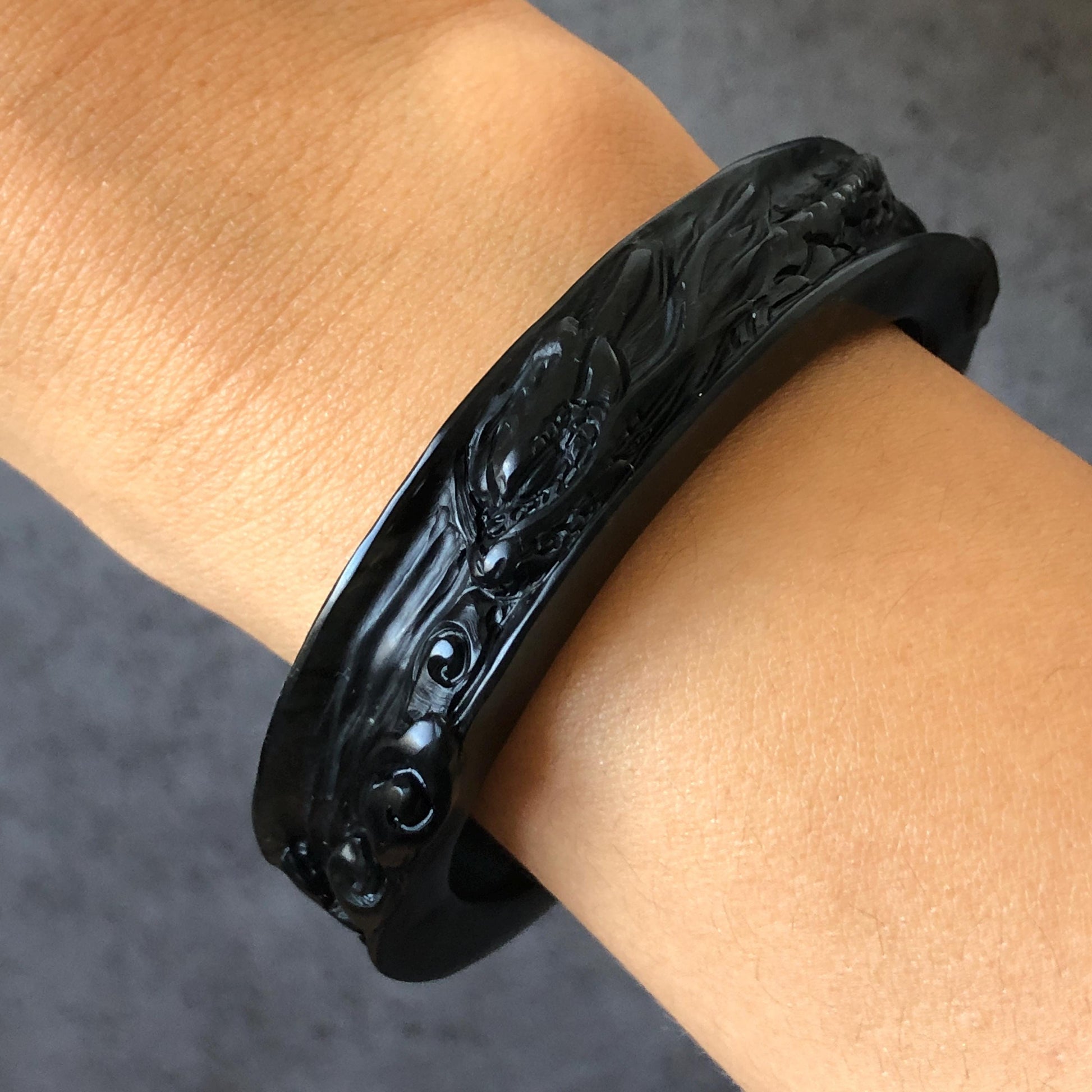 Customized 48-70mm | 56.7mm Certified Natural Xiu Jade Serpentine Hand Carved Dragon Bangle Black Jade Bracelet | Personalized Custom Size bangle, black jade carving dragon carving chinese jade bangle hand engraved jade bracelet tailor made bangle personalized bracelet custom size bangle certificate natural untreated jade gift for her men bangle gift for him bangle for women