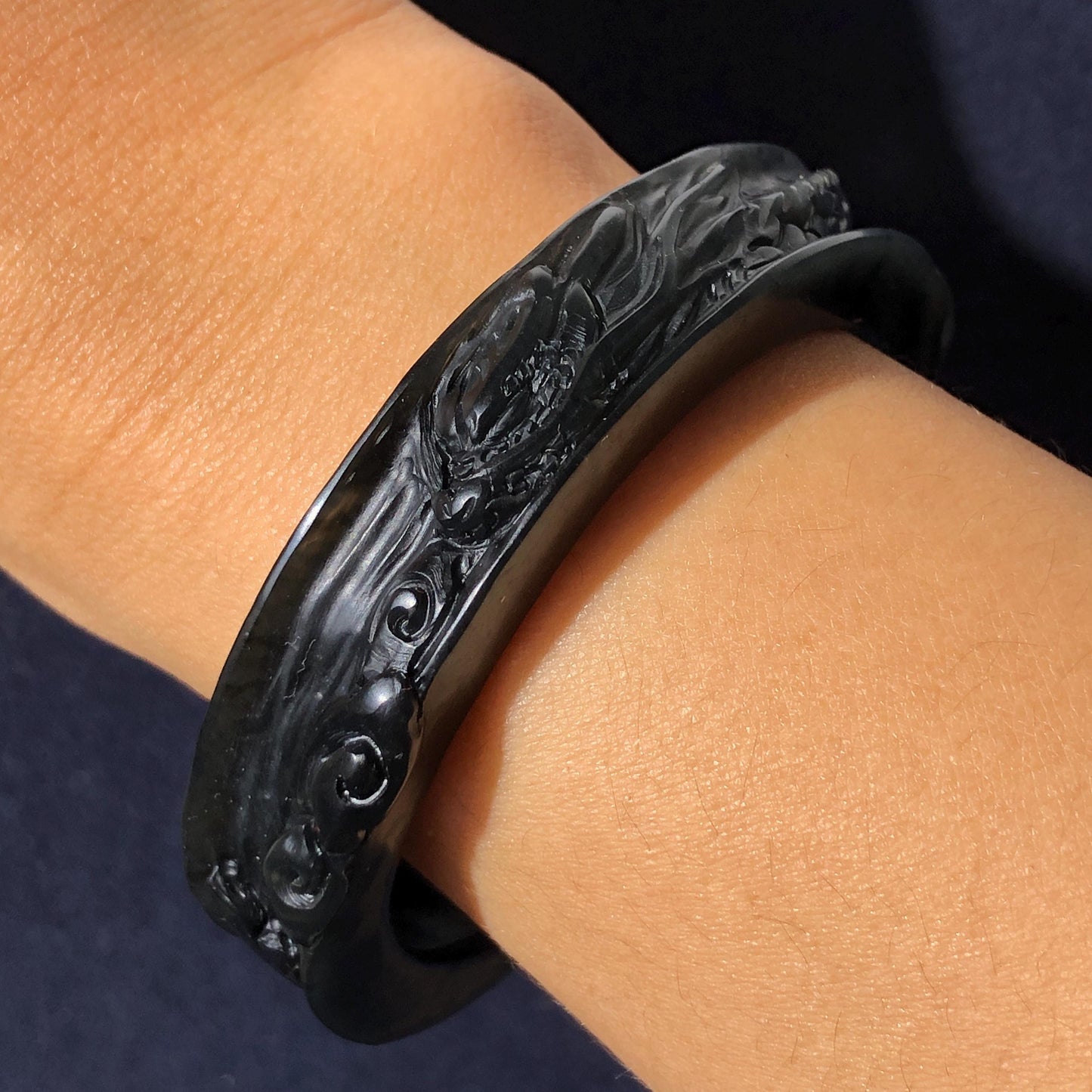 Customized 48-70mm | 56.7mm Certified Natural Xiu Jade Serpentine Hand Carved Dragon Bangle Black Jade Bracelet | Personalized Custom Size bangle, black jade carving dragon carving chinese jade bangle hand engraved jade bracelet tailor made bangle personalized bracelet custom size bangle certificate natural untreated jade gift for her men bangle gift for him bangle for women