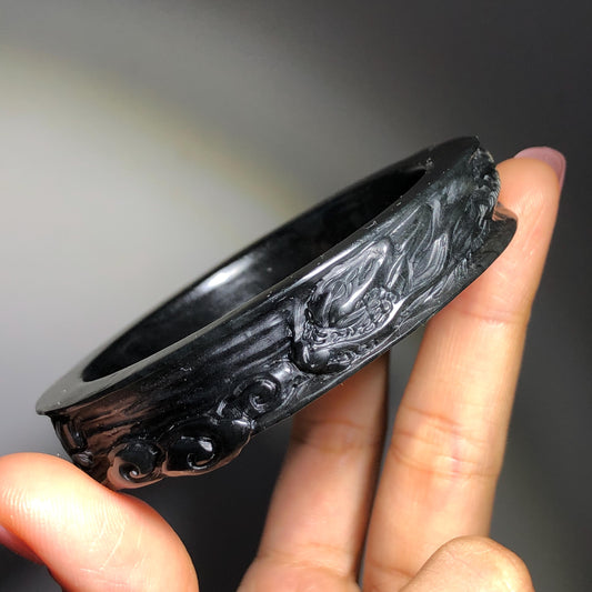 Customized 48-70mm | 56.7mm Certified Natural Xiu Jade Serpentine Hand Carved Dragon Bangle Black Jade Bracelet | Personalized Custom Size bangle, black jade carving dragon carving chinese jade bangle hand engraved jade bracelet tailor made bangle personalized bracelet custom size bangle certificate natural untreated jade gift for her men bangle gift for him bangle for women