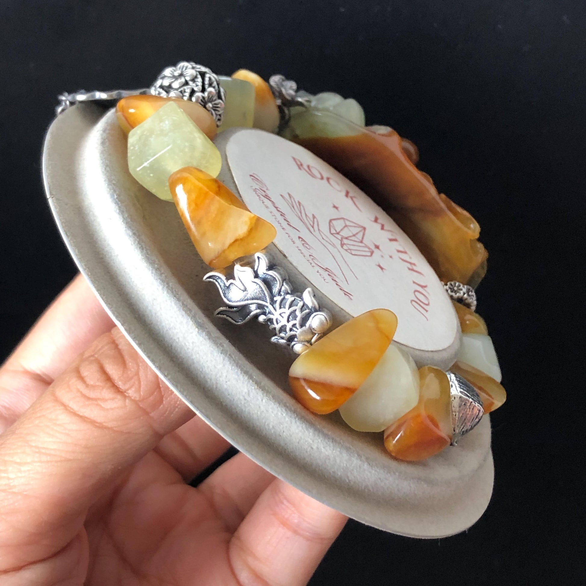 Xiu Jade Serpentine Carved Goldfish Lotus Charm with Irregular Bead Bracelet | Orange Jade | 925 Sterling Silver & Vintage Tibetan Silver accessory hand carved jade carving hand engraved jade bracelet elastic bracelet orange jade bracelet carved goldfish carving engraved lotus carving gift for her duy bracelet natural jade untreated jade dangle bracelet charm bracelet gift for her