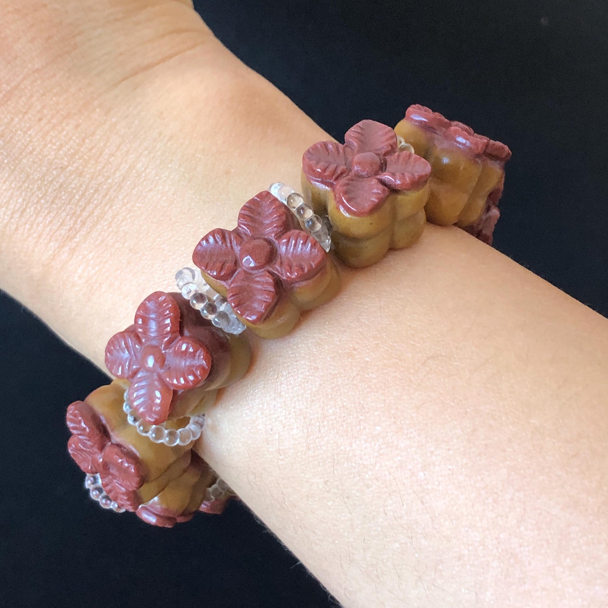 Natural SheTaiCui Jade (Quartzite) Hand Carved Bi-colour Persimmon Bracelet | Big Bead Red Orange Jade Charms | Personalization Gift for her diy bracelet brown jade red jade carving Persimmon carving hand engraved jade hand carved jade bracelet jade charms big bead bracelet elastic stretch bracelet chinese jade