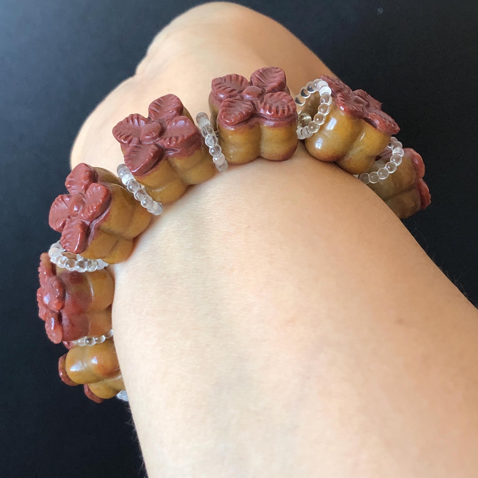 Natural SheTaiCui Jade (Quartzite) Hand Carved Bi-colour Persimmon Bracelet | Big Bead Red Orange Jade Charms | Personalization Gift for her diy bracelet brown jade red jade carving Persimmon carving hand engraved jade hand carved jade bracelet jade charms big bead bracelet elastic stretch bracelet chinese jade