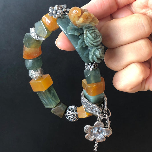 Certificate Xiu Jade Serpentine Hand Carved Bird & Rose Charm Irregular Bead Bracelet | Greenish Blue Yellow Jade | Vintage Tibetan Silver Bracelet Gift for her
Blue Jade Carving Green Jade Bracelet Yellow Jade Jewelry diy bracelet certified natural untreated jade carved rose charm engraved bird charm big bead Chunky Bead Bracelet dangle bracelet