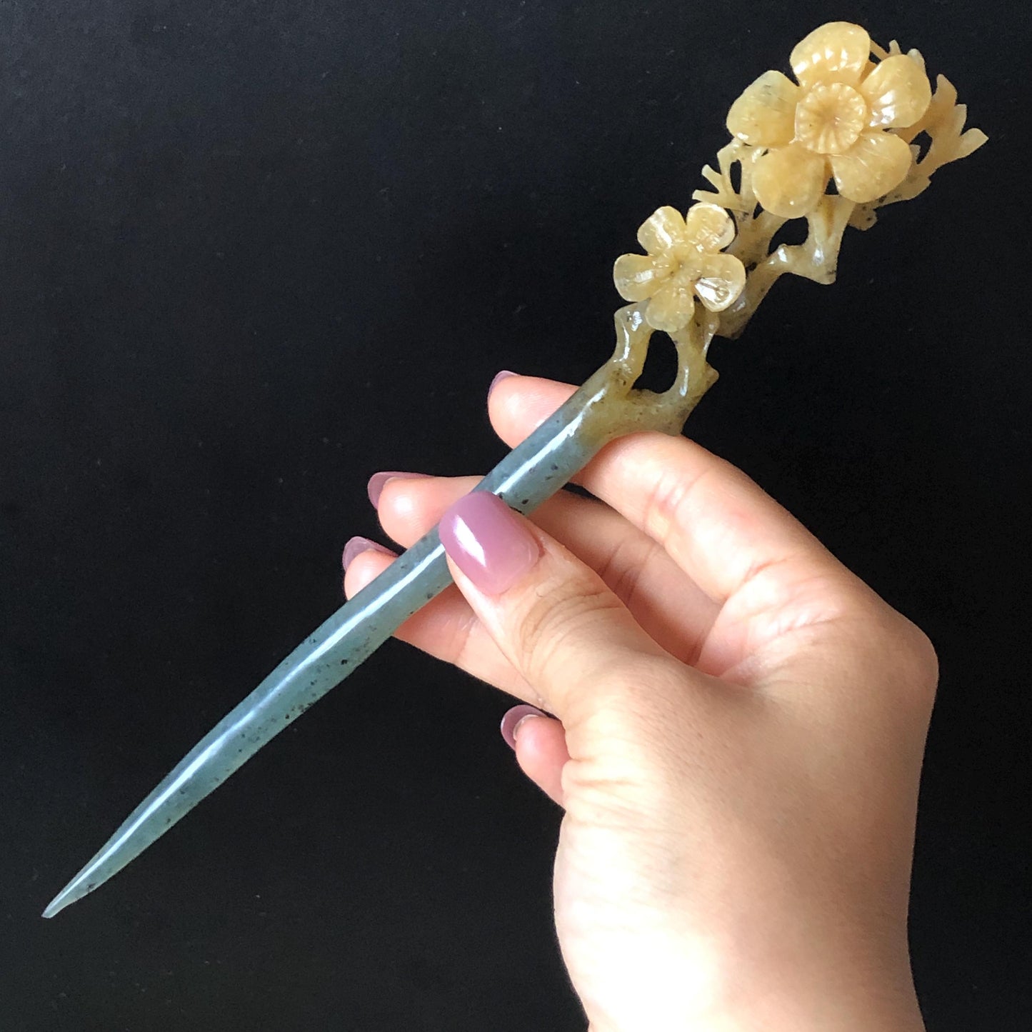 Certified Natural Xiu Jade Serpentine Hand Carved Plum Blossom Flower Hair Pin | Yellow & Green Jade Hair Stick | Asian Chinese Vintage Gift for her hand engraved green jade carving hand carved yellow jade hair pins flower carving korean hair comb chinese hair fork japanese hair clip bridal shower hair pins natural untreated jade with certificate vintage hair stick antique hair fork