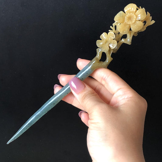 Certified Natural Xiu Jade Serpentine Hand Carved Plum Blossom Flower Hair Pin | Yellow & Green Jade Hair Stick | Asian Chinese Vintage Gift for her hand engraved green jade carving hand carved yellow jade hair pins flower carving korean hair comb chinese hair fork japanese hair clip bridal shower hair pins natural untreated jade with certificate vintage hair stick antique hair fork