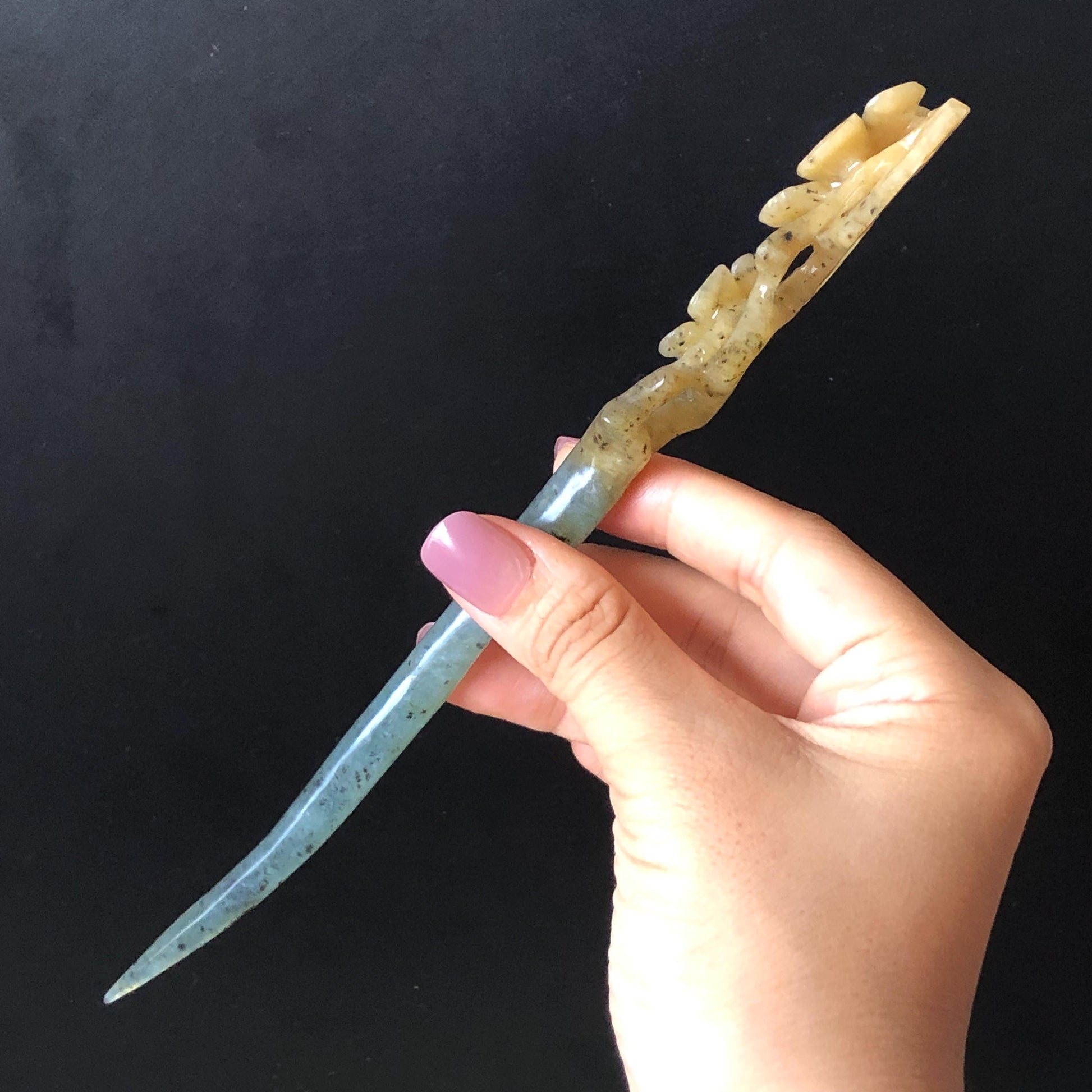 Certified Natural Xiu Jade Serpentine Hand Carved Plum Blossom Flower Hair Pin | Yellow & Green Jade Hair Stick | Asian Chinese Vintage Gift for her hand engraved green jade carving hand carved yellow jade hair pins flower carving korean hair comb chinese hair fork japanese hair clip bridal shower hair pins natural untreated jade with certificate vintage hair stick antique hair fork