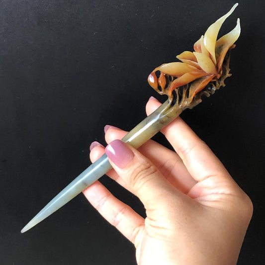 Certified Natural Xiu Jade Serpentine Hand Carved Yulan Flower Hair Pin | Yellow Brown Green Jade Hair Stick | Asian Hair Fork Vintage Gift for her hand engraved green jade carving hand carved yellow jade brown jade korean hairpins japanese hair stick hanfu hair pins chinese hair fork vinatge hair comb bridal shower hair clip hair jewelry natural untreated jade with certificate