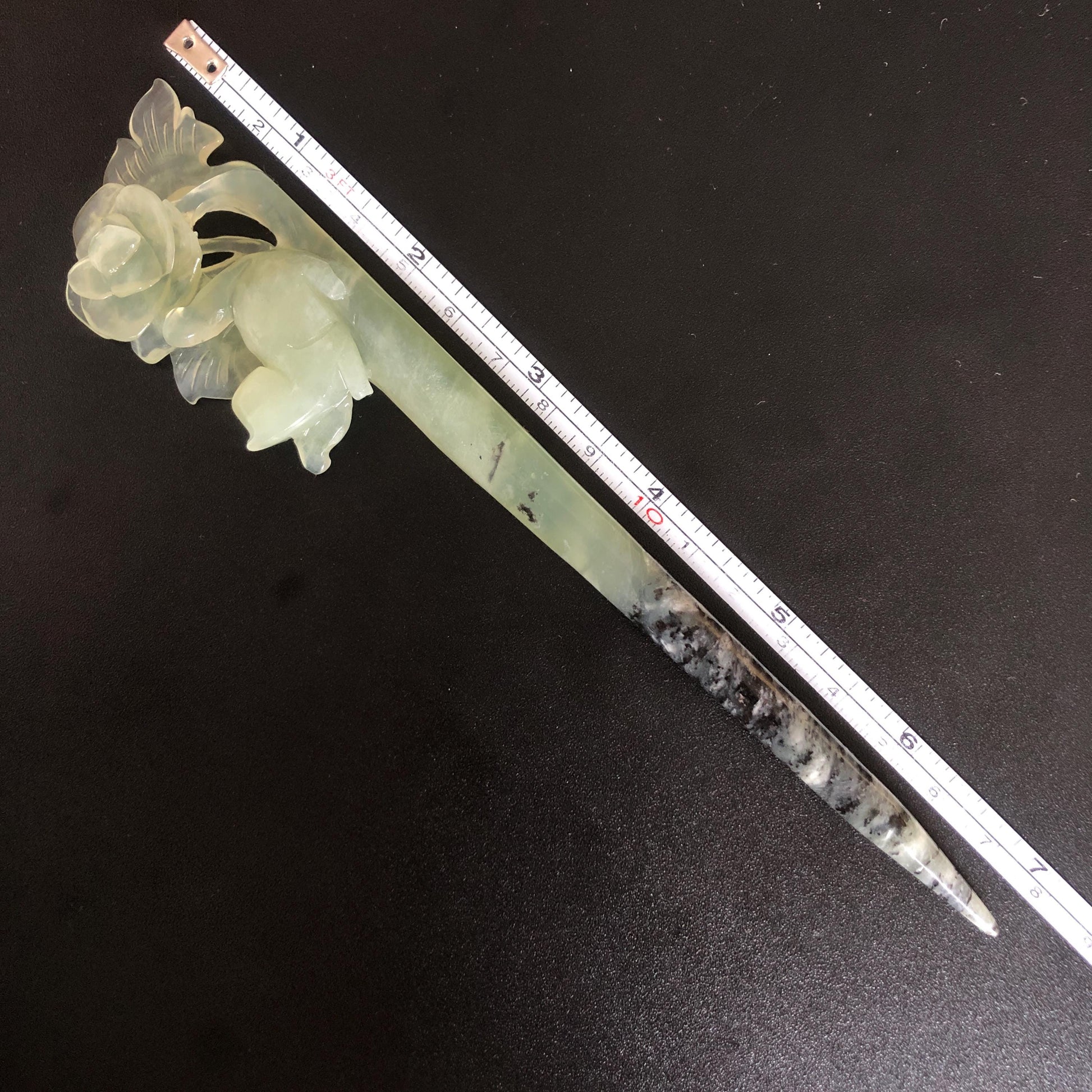 Certified Natural Xiu Jade Serpentine Hand Carved Hair Pin | Cat & Rose | Green Jade Hair Stick | Asian Chinese Vintage Hairpin Gift for her hand engraved green jade carving hand carved cat hairpin cat carving hand engraved rose hair stick chinese jade hair comb hanfu hair fork korean hairpins japanese hair clip cat lover gift vintage hair stick natural untreated jade with certificate