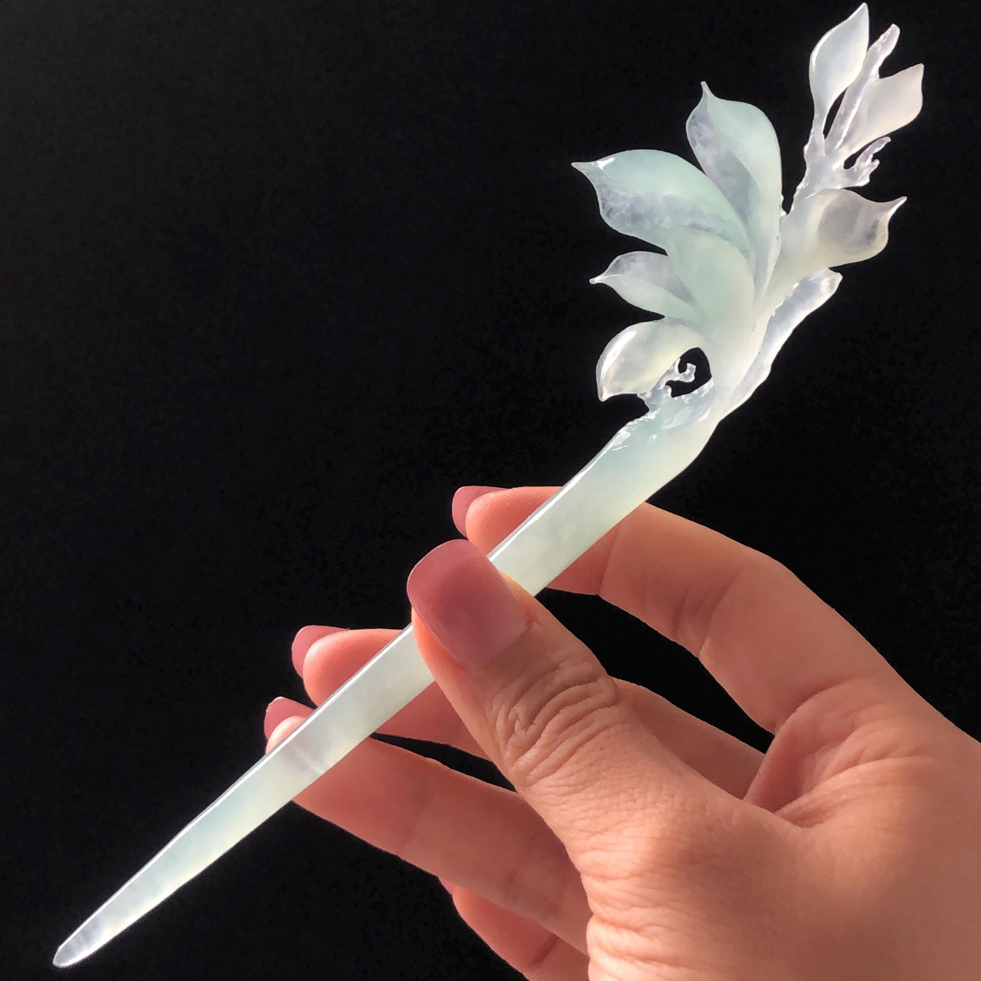 Certified Xiu Jade Serpentine Hand Carved Frosty Blue Yulan Flower Hair Pin, Ice Blue Jade Hair Stick, Wedding Headpiece Hair accessories gift for her blue jade carving hand engraved yulan flower hair fork hand carved flower hair comb Asian chinese hairpins hanfu hair stick korean hairpins japanese hair clip bridal shower hair clip natural untreated jade with certificate yulan carving chinese jade hair stick