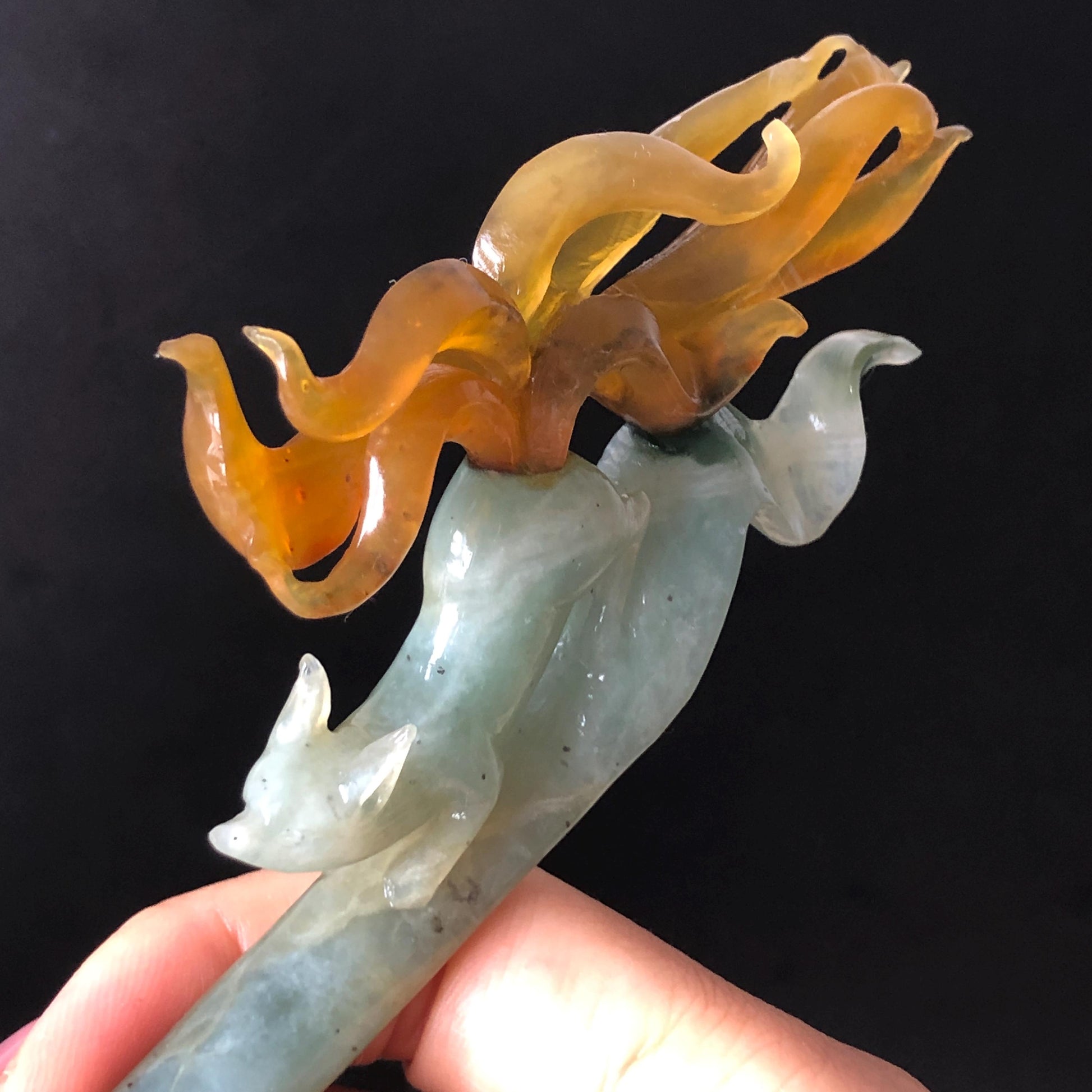 Certified Natural Xiu Jade Serpentine Hand Carved Bi-color Nine Tailed Fox Hair Pin | Greenish Blue & Caramel Brown Jade Vintage Hair Stick Gift for her brown jade blue jade carving green jade chinese hair fork japanese hair clip korean hairpin hanfu hair pins nine tailed fox carving hand engraved fox wedding hair accessories bridal headpiece bridal shower gift antique hair comb