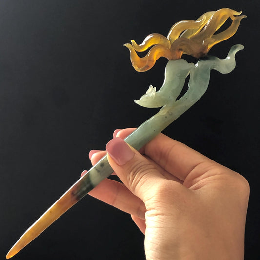 Certified Natural Xiu Jade Serpentine Hand Carved Bi-color Nine Tailed Fox Hair Pin | Greenish Blue & Caramel Brown Jade Vintage Hair Stick Gift for her brown jade blue jade carving green jade chinese hair fork japanese hair clip korean hairpin hanfu hair pins nine tailed fox carving hand engraved fox wedding hair accessories bridal headpiece bridal shower gift antique hair comb