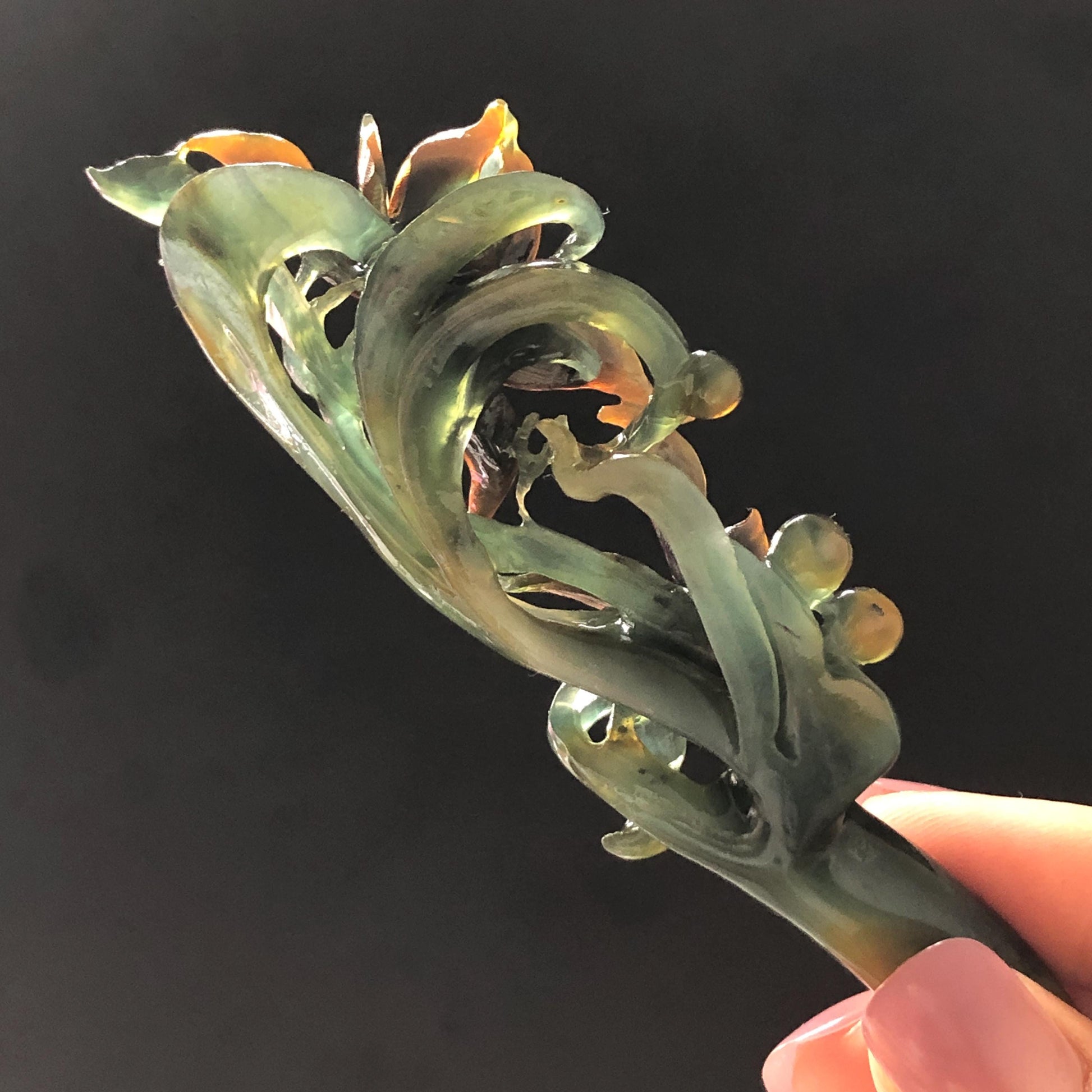 Certified Natural Xiu Jade Serpentine Hand Carved Cymbidium Flower Hair Pin | Yellow & Deep Green Jade Hair Stick | Asian Vintage Hair Fork gift for her hand engraved green jade hair stick yellow jade carving flower carving antique hair stick chinese hair comb korean hairpin japanese hair clip chinese jade hanfu hair stick vintage hair fork natural untreated jade with certificate bridal shower gift wedding hairpiece engagement hair accessories