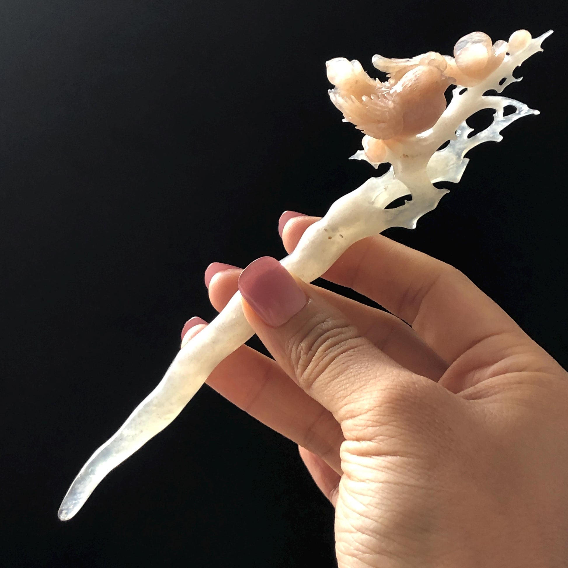 Certified Natural Serpentine Jade Hand Carved Bird with Flowers Hair Pin | White & Coral Pink Jade Hair Stick | Asian Vintage Hair Fork Gift