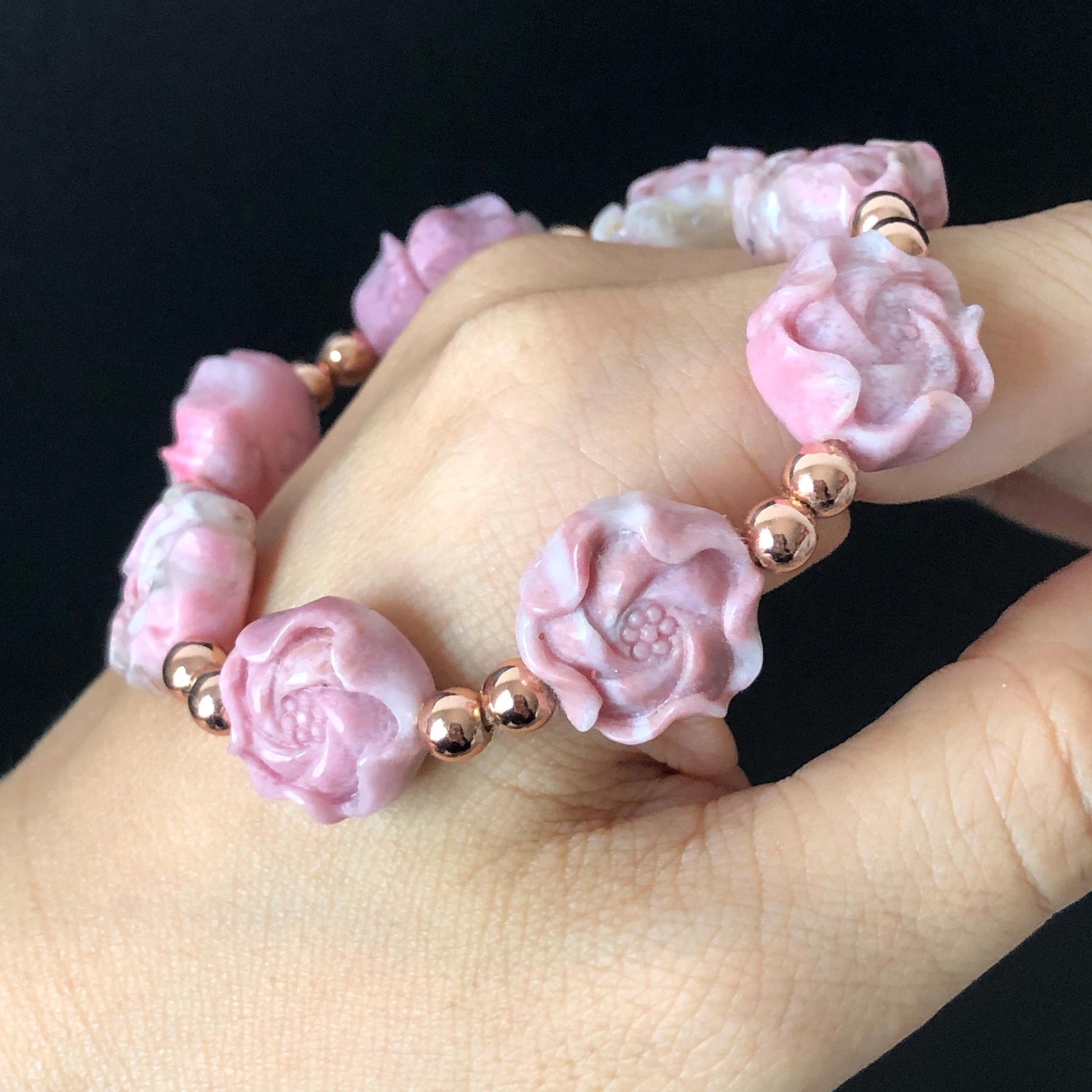 Natural Pink Rhodonite Stone Carved Peony Charm Bracelet | Pink White Crystal | Stretch Elastic Bracelet | Love Stone Gemstone Gift for her, love crystal healing stone heart chakra crystal meditation gemstone flower carving pink crystal pink stone bracelet diy tailor made bracelet rhodonite charm bracelet