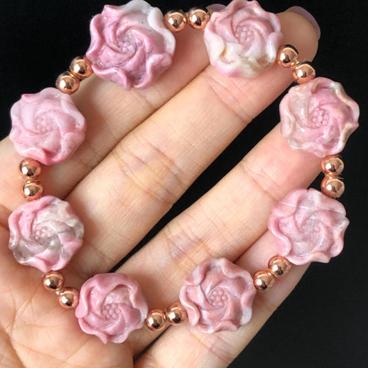 Natural Pink Rhodonite Stone Carved Peony Charm Stretch Elastic Bead Bracelet | Pink White Crystal | Heart Chakra Healing Stone Gemstone