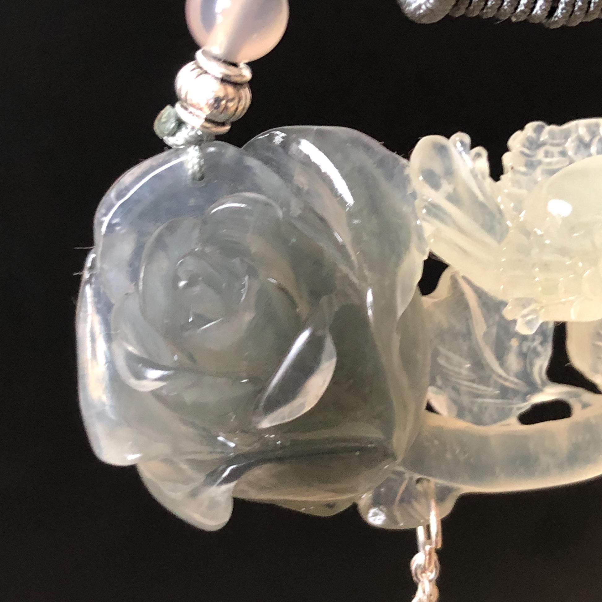 Natural Xiu Jade Serpentine Hand Carved Magpie Birds ＆ Black Rose Pendant Adjustable Vintage Necklace | Black Gray White | Gemstone Gift for her, black jade carving white jade carving rose carving flower carving hand engraved rose chinese jade pendant necklace vintage necklace antique necklace certificate jade natural untreated jade certified jade modern necklace bird carving