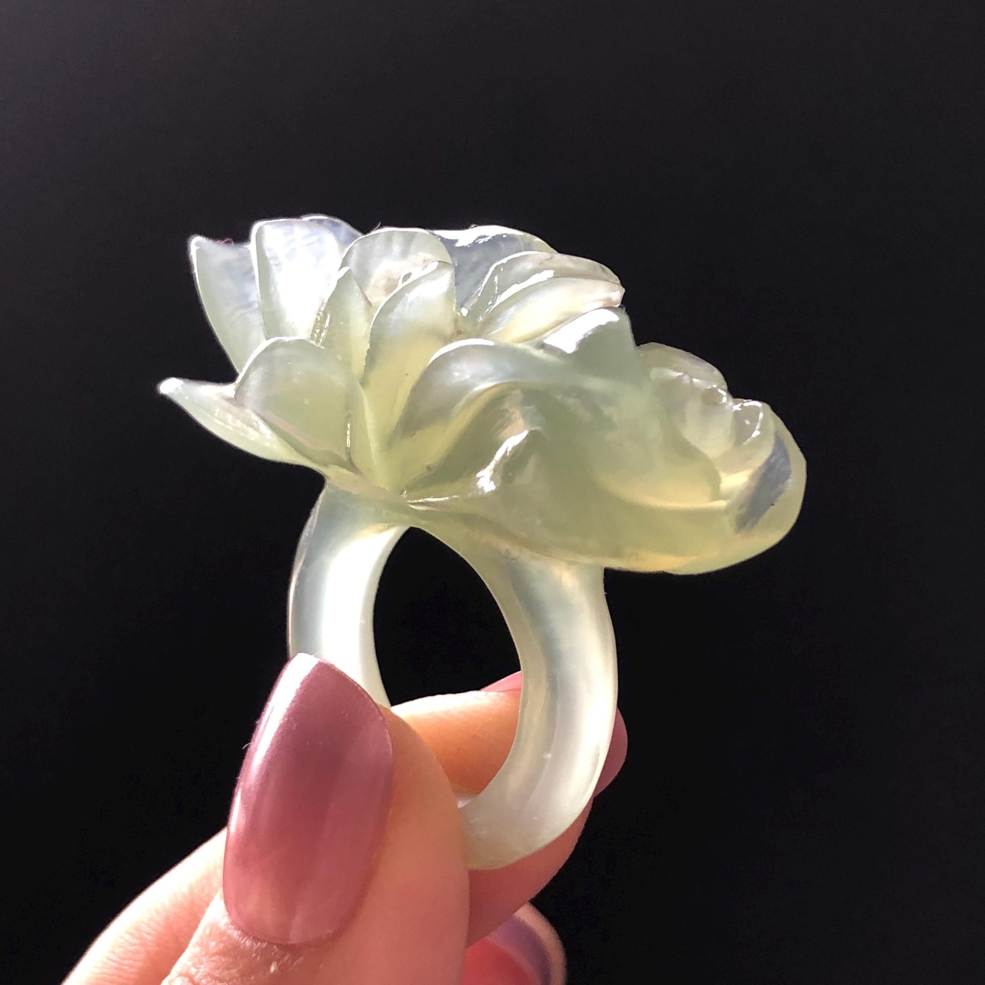 Custom Size Natural Xiu Jade Serpentine Hand Carved Green Yulan flowers Ring | Icy Green Jade | Customised Tailor-made Gemstone Gift for her hand engraved jade ring tailor made jade ring customised jade ring green jade carving flower carving flower statement ring translucent icy jade yulan carving hand carved stone ring carved gemstone ring personalized ring huge ring big cocktail ring large crystal ring