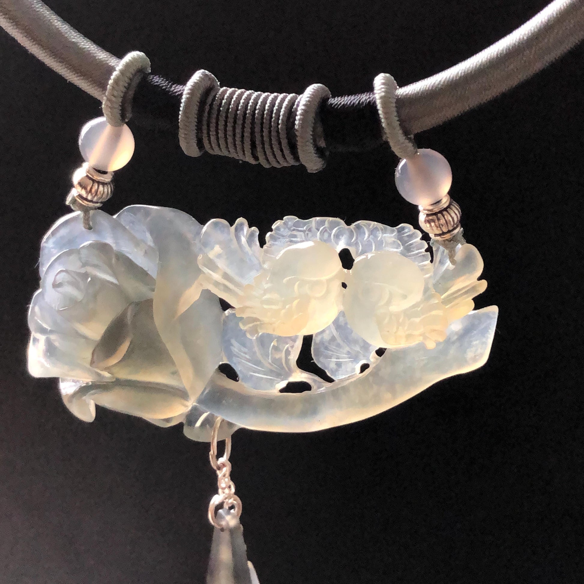 Natural Xiu Jade Serpentine Hand Carved Magpie Birds ＆ Black Rose Pendant Adjustable Vintage Necklace | Black Gray White | Gemstone Gift for her, black jade carving white jade carving rose carving flower carving hand engraved rose chinese jade pendant necklace vintage necklace antique necklace certificate jade natural untreated jade certified jade modern necklace bird carving