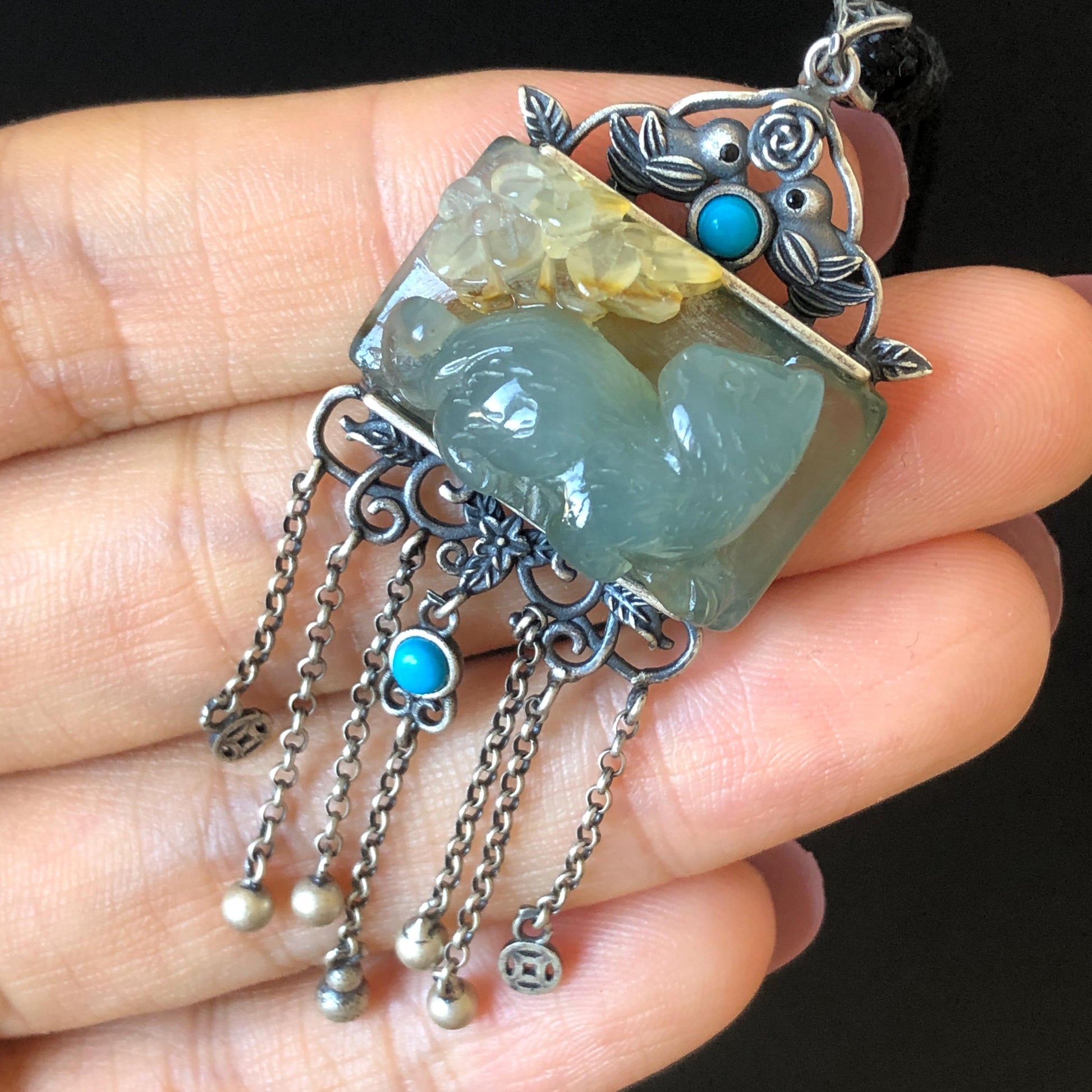 Certified Xiu Jade Serpentine Hand Carved Cat with Flower Pendant Adjustable Necklace | Green & White Jade 925 Sterling Silver Dangle Charm Turquoise blue jade white jade brown jade carving flower carving cat carving hand engraved cat charm Osmanthus Fragrans icy jade natural untreated jade chinese jade dangle pendant choker gift for her cat lover gift