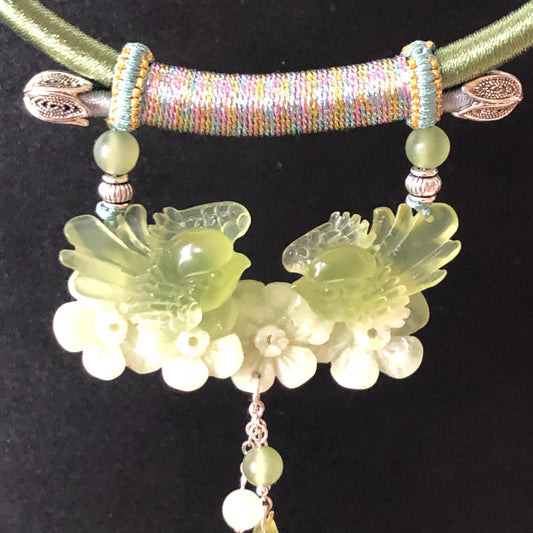 Certified Natural Xiu Jade (Serpentine) Hand Carved Magpie Birds Flower Pendant Adjustable Necklace | Green & White Stone Crystal Gemstone gift for her green jade carving white jade pendant necklace choker vintage necklace antique jade necklace certificate jade natural untreated jade bird carving flower carving lucky charm