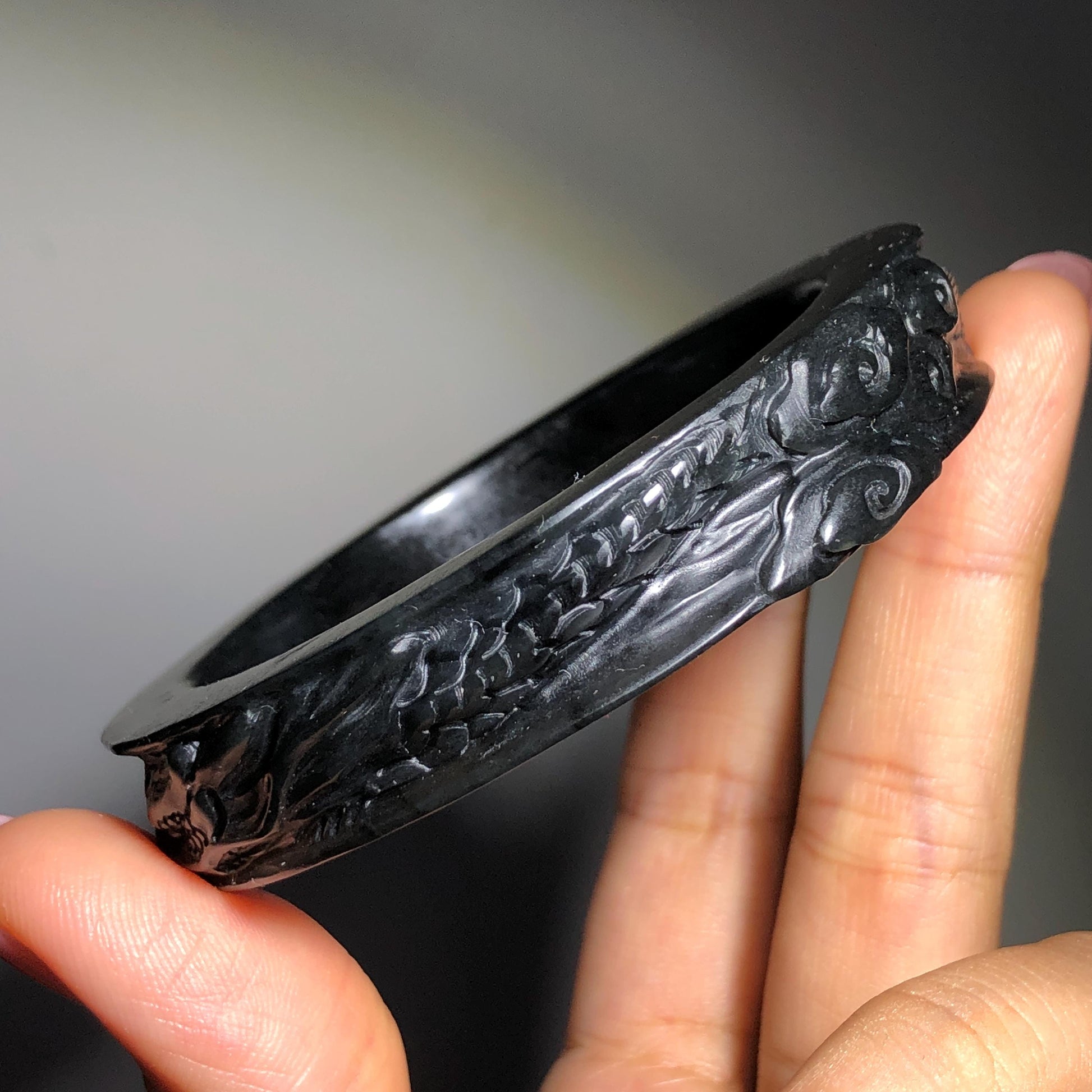 Customized 48-70mm | 56.7mm Certified Natural Xiu Jade Serpentine Hand Carved Dragon Bangle Black Jade Bracelet | Personalized Custom Size bangle, black jade carving dragon carving chinese jade bangle hand engraved jade bracelet tailor made bangle personalized bracelet custom size bangle certificate natural untreated jade gift for her men bangle gift for him bangle for women