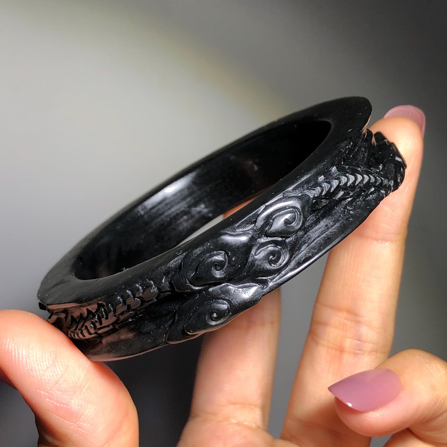 Customized 48-70mm | 56.7mm Certified Natural Xiu Jade Serpentine Hand Carved Dragon Bangle Black Jade Bracelet | Personalized Custom Size bangle, black jade carving dragon carving chinese jade bangle hand engraved jade bracelet tailor made bangle personalized bracelet custom size bangle certificate natural untreated jade gift for her men bangle gift for him bangle for women