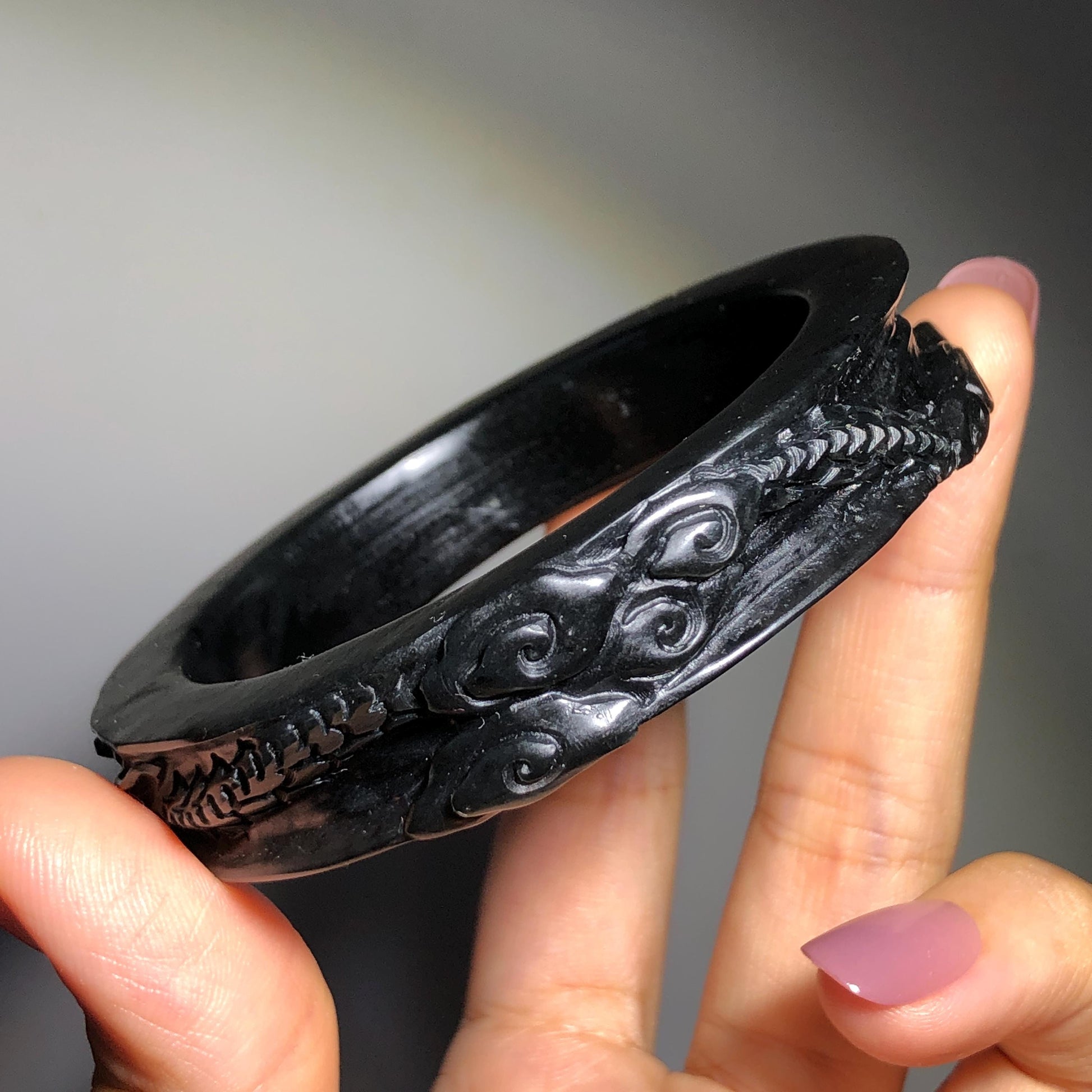 Customized 48-70mm | 56.7mm Certified Natural Xiu Jade Serpentine Hand Carved Dragon Bangle Black Jade Bracelet | Personalized Custom Size bangle, black jade carving dragon carving chinese jade bangle hand engraved jade bracelet tailor made bangle personalized bracelet custom size bangle certificate natural untreated jade gift for her men bangle gift for him bangle for women
