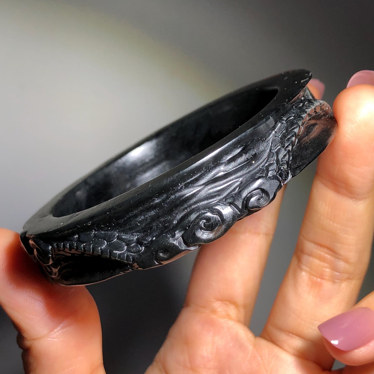 Customized 48-70mm | 56.7mm Certified Natural Xiu Jade Serpentine Hand Carved Dragon Bangle Black Jade Bracelet | Personalized Custom Size bangle, black jade carving dragon carving chinese jade bangle hand engraved jade bracelet tailor made bangle personalized bracelet custom size bangle certificate natural untreated jade gift for her men bangle gift for him bangle for women