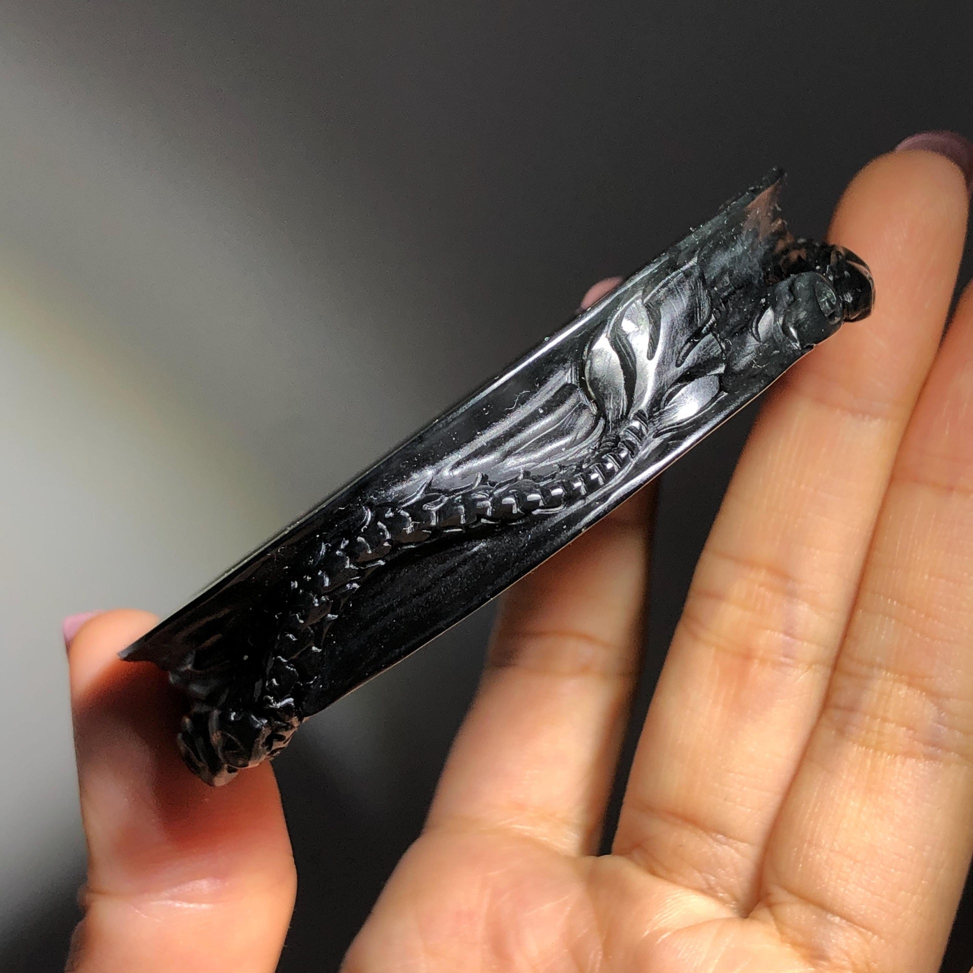 Customized 48-70mm | 56.7mm Certified Natural Xiu Jade Serpentine Hand Carved Dragon Bangle Black Jade Bracelet | Personalized Custom Size bangle, black jade carving dragon carving chinese jade bangle hand engraved jade bracelet tailor made bangle personalized bracelet custom size bangle certificate natural untreated jade gift for her men bangle gift for him bangle for women