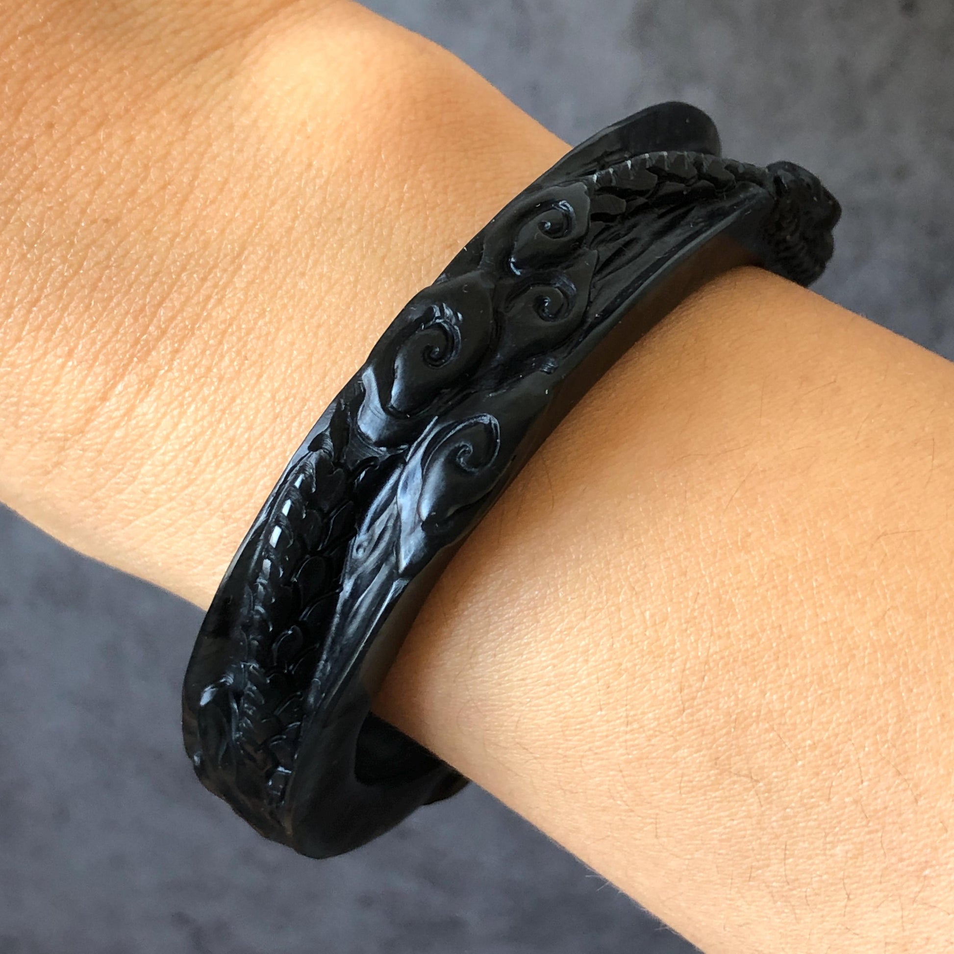 Customized 48-70mm | 56.7mm Certified Natural Xiu Jade Serpentine Hand Carved Dragon Bangle Black Jade Bracelet | Personalized Custom Size bangle, black jade carving dragon carving chinese jade bangle hand engraved jade bracelet tailor made bangle personalized bracelet custom size bangle certificate natural untreated jade gift for her men bangle gift for him bangle for women