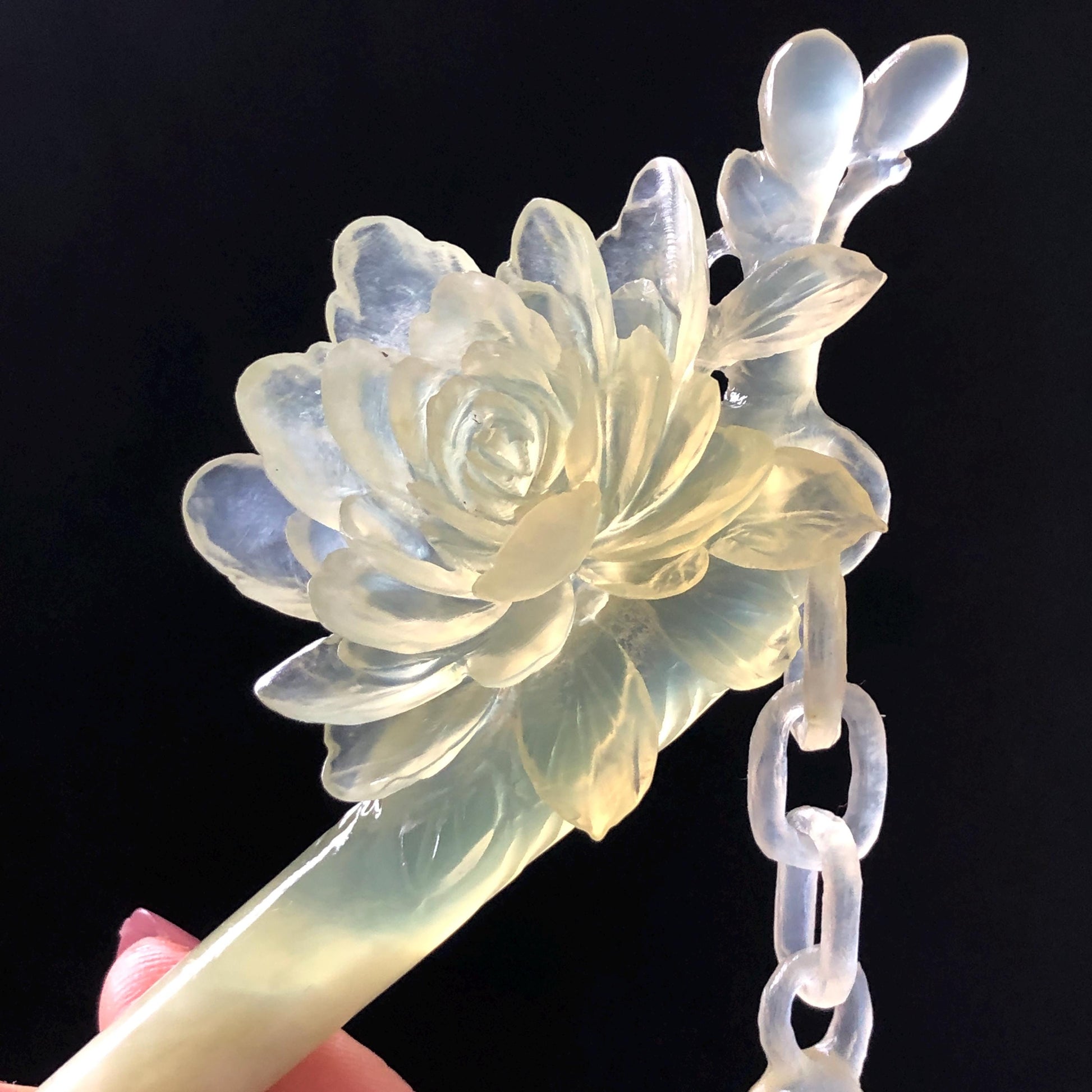 Certificate Natural Xiu Jade Serpentine Hand Carved Camellia Flower Hair Pin with Dangle | Asian Chinese Vintage Ice Green Jade Hair Stick Gift for her Bridal Shower gift bridal hair clip wedding headpiece wedding hair jewelry bridal hair accessories green jade carving white jade hand engraved flower hair stick japanese hairpins korean hair stick chinese hair comb vintage hair pins antique hair fork hanfu hair pins certified untreated jade