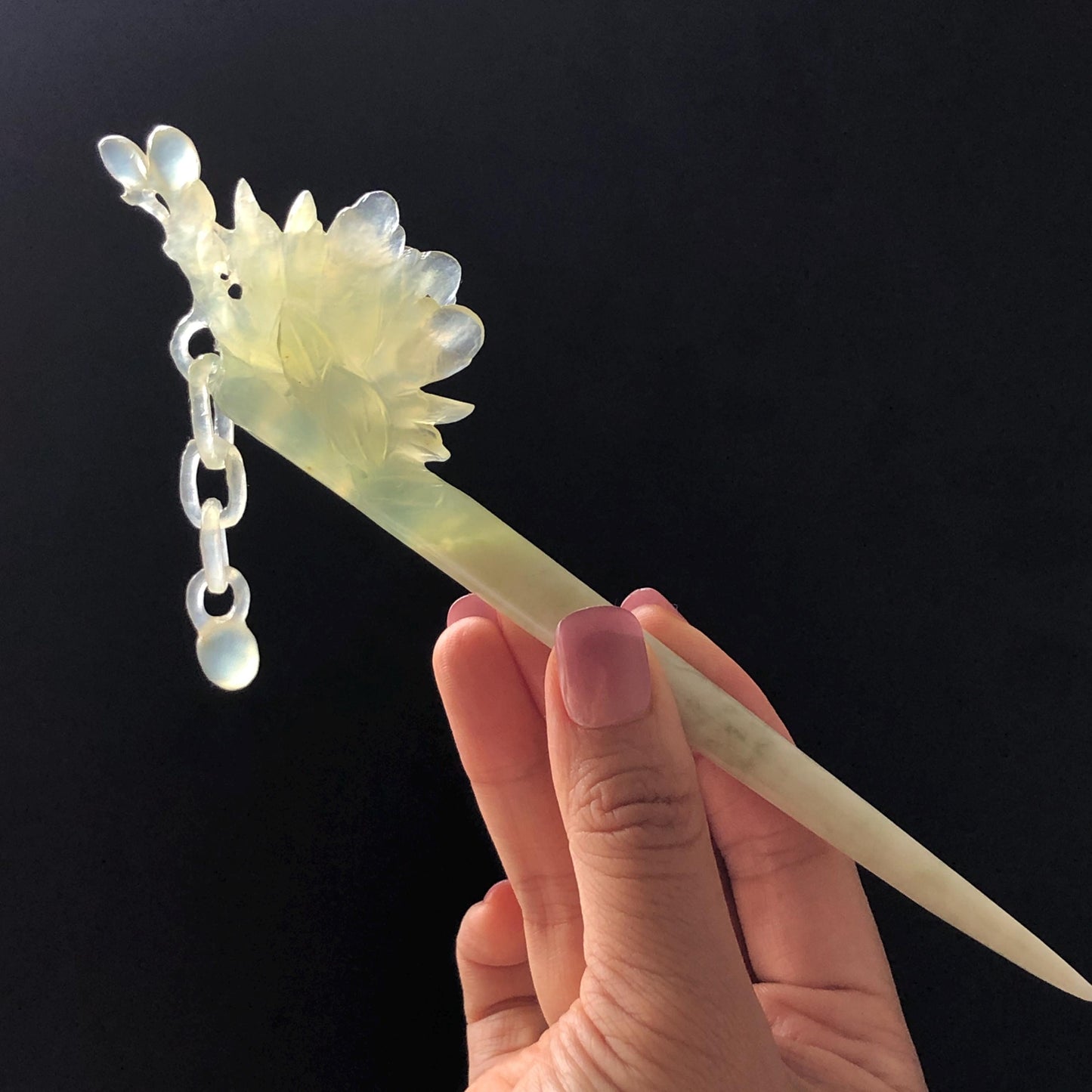 Certificate Natural Xiu Jade Serpentine Hand Carved Camellia Flower Hair Pin with Dangle | Asian Chinese Vintage Ice Green Jade Hair Stick Gift for her Bridal Shower gift bridal hair clip wedding headpiece wedding hair jewelry bridal hair accessories green jade carving white jade hand engraved flower hair stick japanese hairpins korean hair stick chinese hair comb vintage hair pins antique hair fork hanfu hair pins certified untreated jade