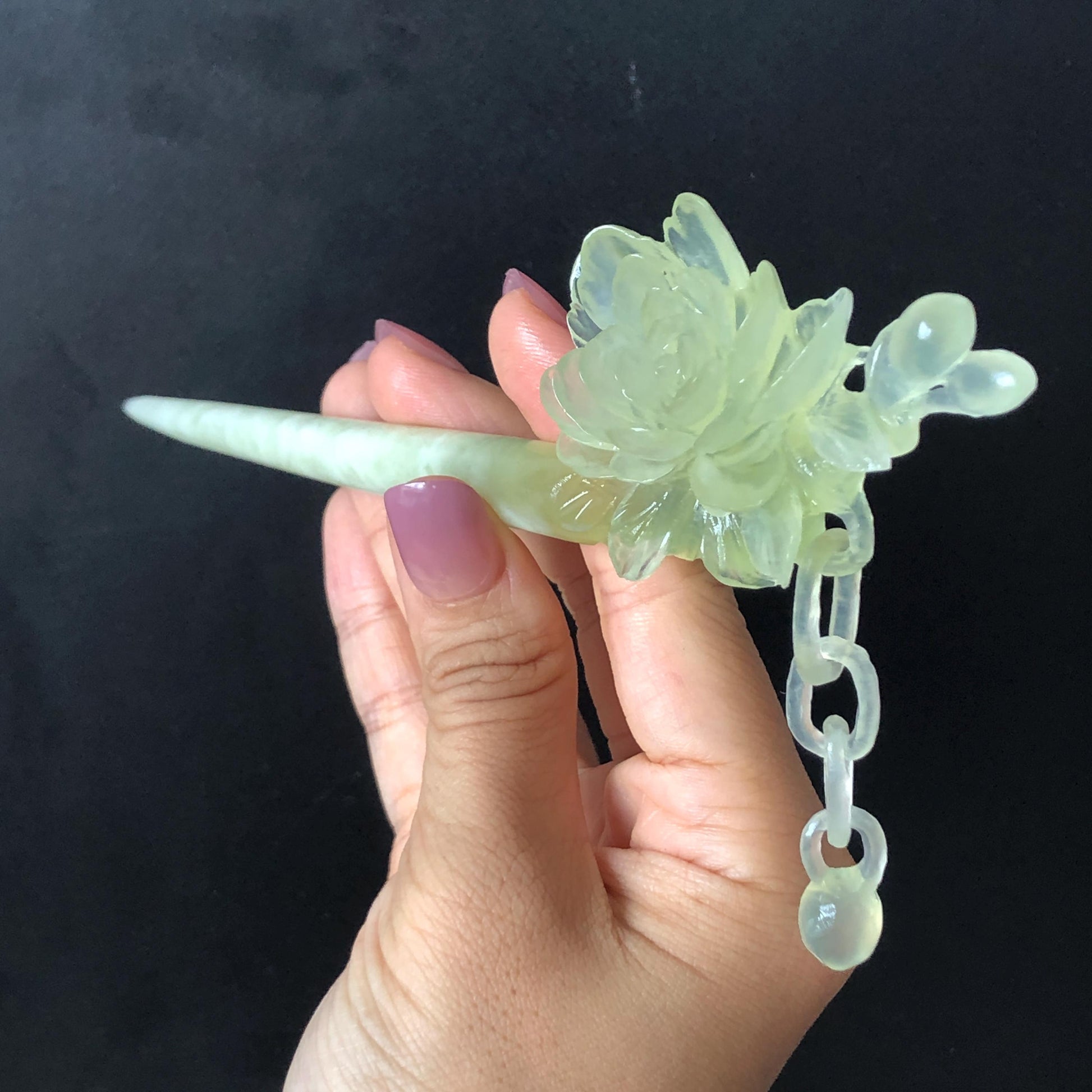 Certificate Natural Xiu Jade Serpentine Hand Carved Camellia Flower Hair Pin with Dangle | Asian Chinese Vintage Ice Green Jade Hair Stick Gift for her Bridal Shower gift bridal hair clip wedding headpiece wedding hair jewelry bridal hair accessories green jade carving white jade hand engraved flower hair stick japanese hairpins korean hair stick chinese hair comb vintage hair pins antique hair fork hanfu hair pins certified untreated jade