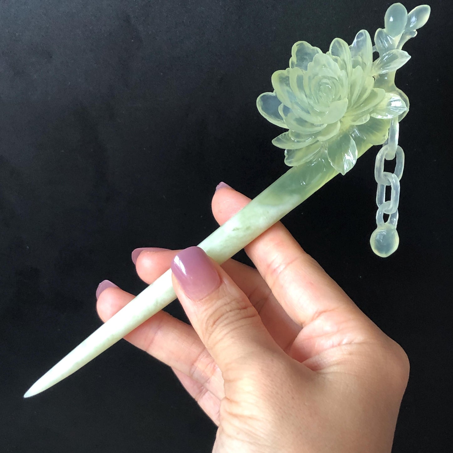 Certificate Natural Xiu Jade Serpentine Hand Carved Camellia Flower Hair Pin with Dangle | Asian Chinese Vintage Ice Green Jade Hair Stick Gift for her Bridal Shower gift bridal hair clip wedding headpiece wedding hair jewelry bridal hair accessories green jade carving white jade hand engraved flower hair stick japanese hairpins korean hair stick chinese hair comb vintage hair pins antique hair fork hanfu hair pins certified untreated jade