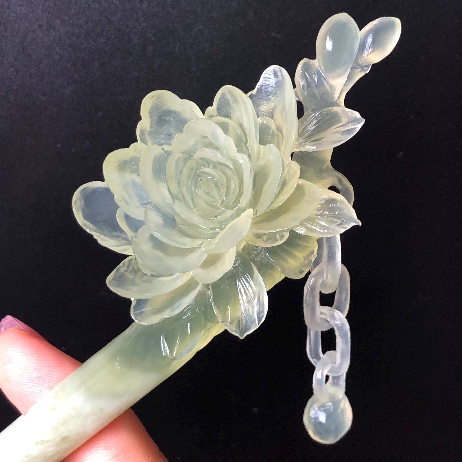 Certificate Natural Xiu Jade Serpentine Hand Carved Camellia Flower Hair Pin with Dangle | Asian Chinese Vintage Ice Green Jade Hair Stick Gift for her Bridal Shower gift bridal hair clip wedding headpiece wedding hair jewelry bridal hair accessories green jade carving white jade hand engraved flower hair stick japanese hairpins korean hair stick chinese hair comb vintage hair pins antique hair fork hanfu hair pins certified untreated jade