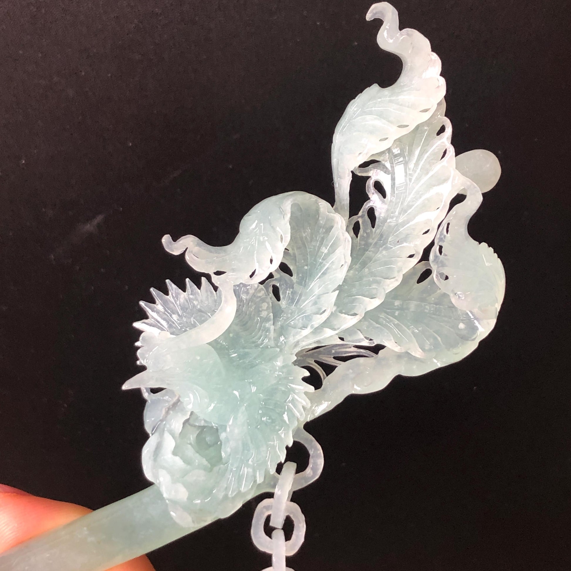 Certified Natural Xiu Jade (Serpentine) Hand Carved Blue Ice Phoenix Hair Pin | Asian Chinese Vintage Hanfu Frosty Sky Blue Jade Hair Stick gift for her blue jade carving hand carved phoenix carving ice phoenix hair stick chinese jade hair fork japanese hairpins korean hair stick vintage hair comb bridal hair clip antique hairpins hanfu hair stick wedding hair headpiece bridal shower gift engagement hair jewelry