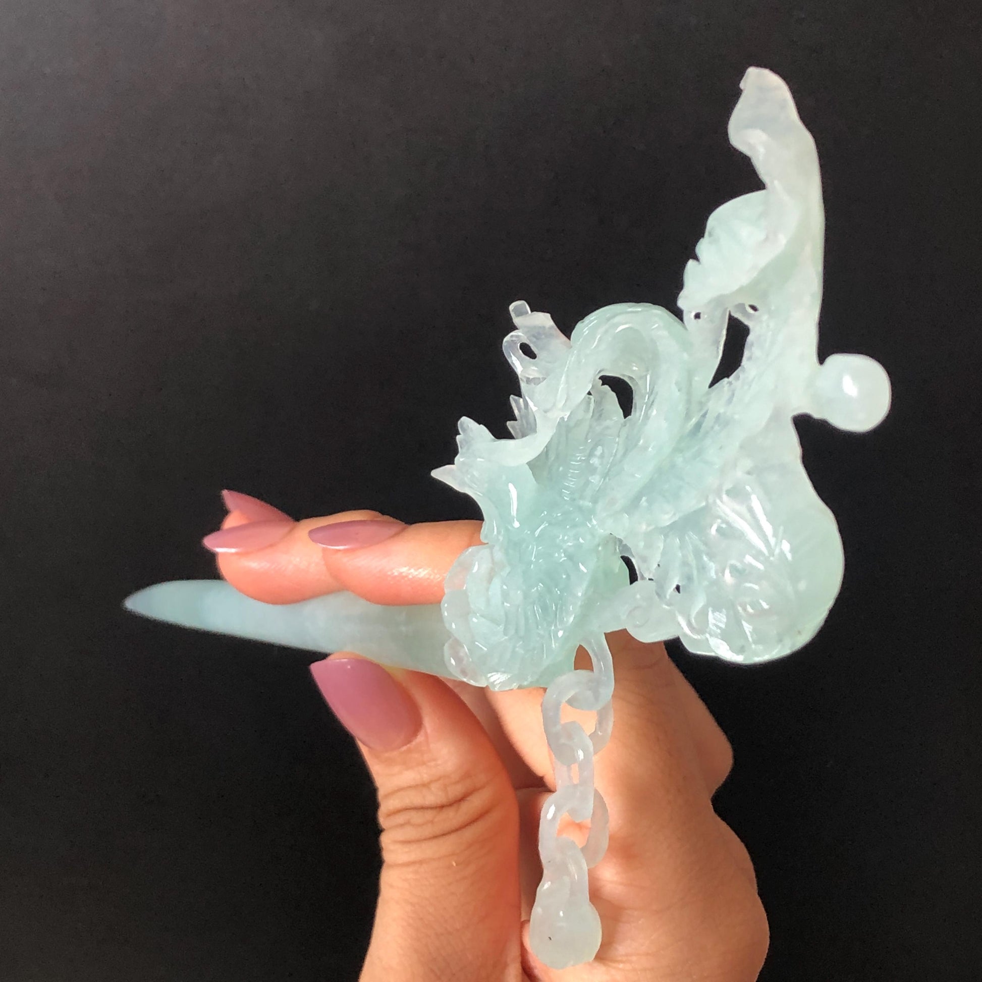 Certified Natural Xiu Jade (Serpentine) Hand Carved Blue Ice Phoenix Hair Pin | Asian Chinese Vintage Hanfu Frosty Sky Blue Jade Hair Stick gift for her blue jade carving hand carved phoenix carving ice phoenix hair stick chinese jade hair fork japanese hairpins korean hair stick vintage hair comb bridal hair clip antique hairpins hanfu hair stick wedding hair headpiece bridal shower gift engagement hair jewelry